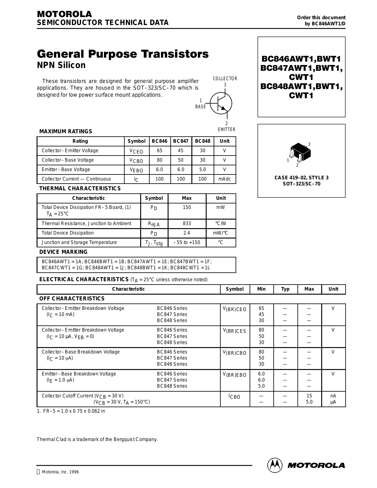 ON Semiconductor BC848CWT1, BC848BWT1, BC847BWT1, BC848AWT1, BC847AWT1 Datasheet