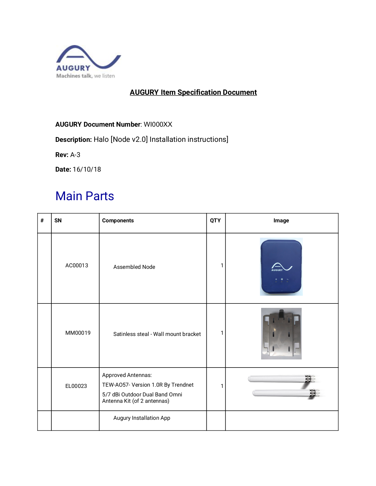 Augury AC00013, EL00023, MM00019 Item Specification Document - ManualMachine.com