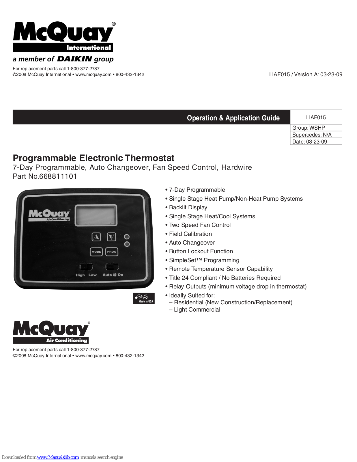 McQuay LIAF015, 668811101 Operation Manual