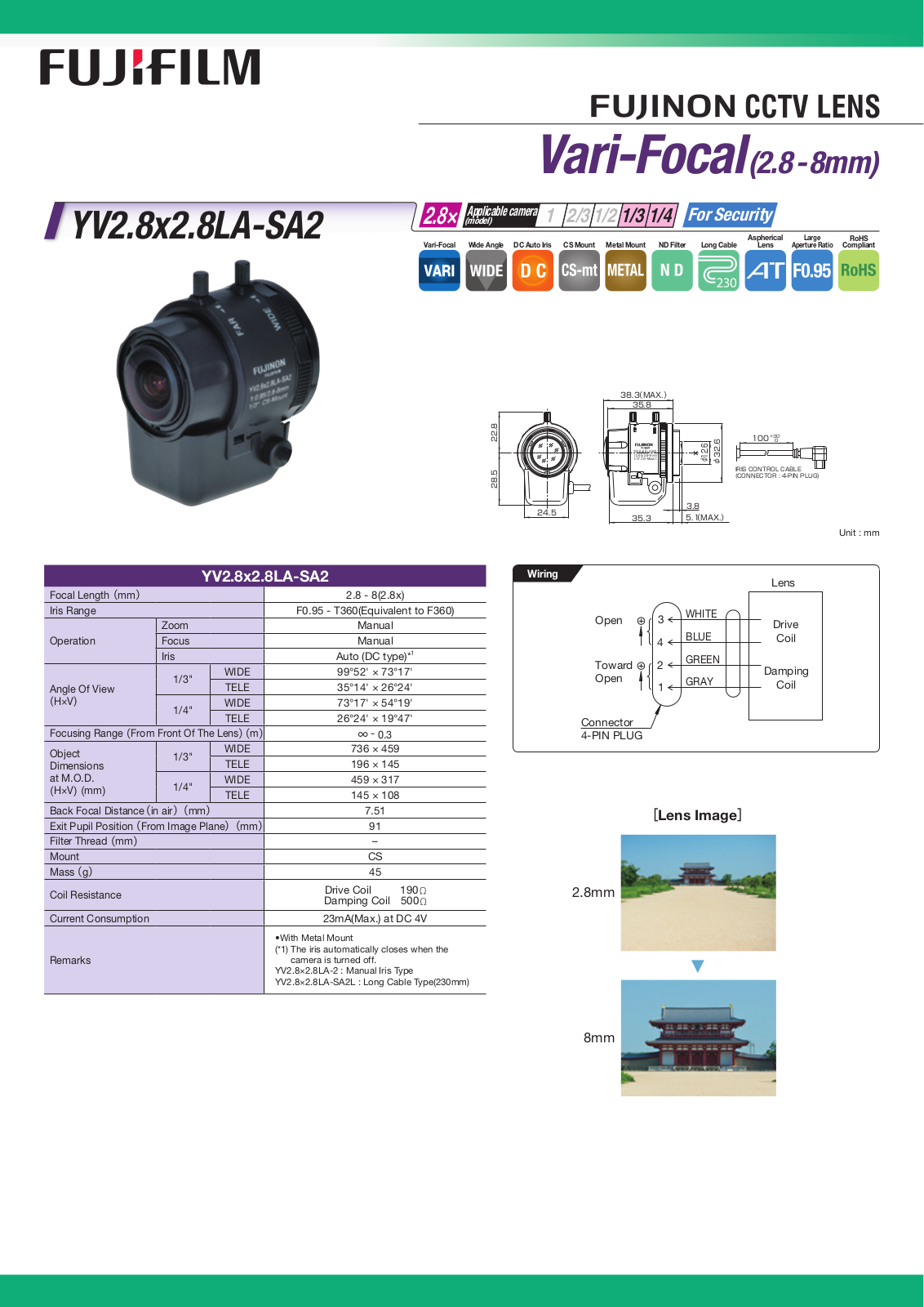 Fujinon YV2-8x2-8LA-SA2L Specsheet