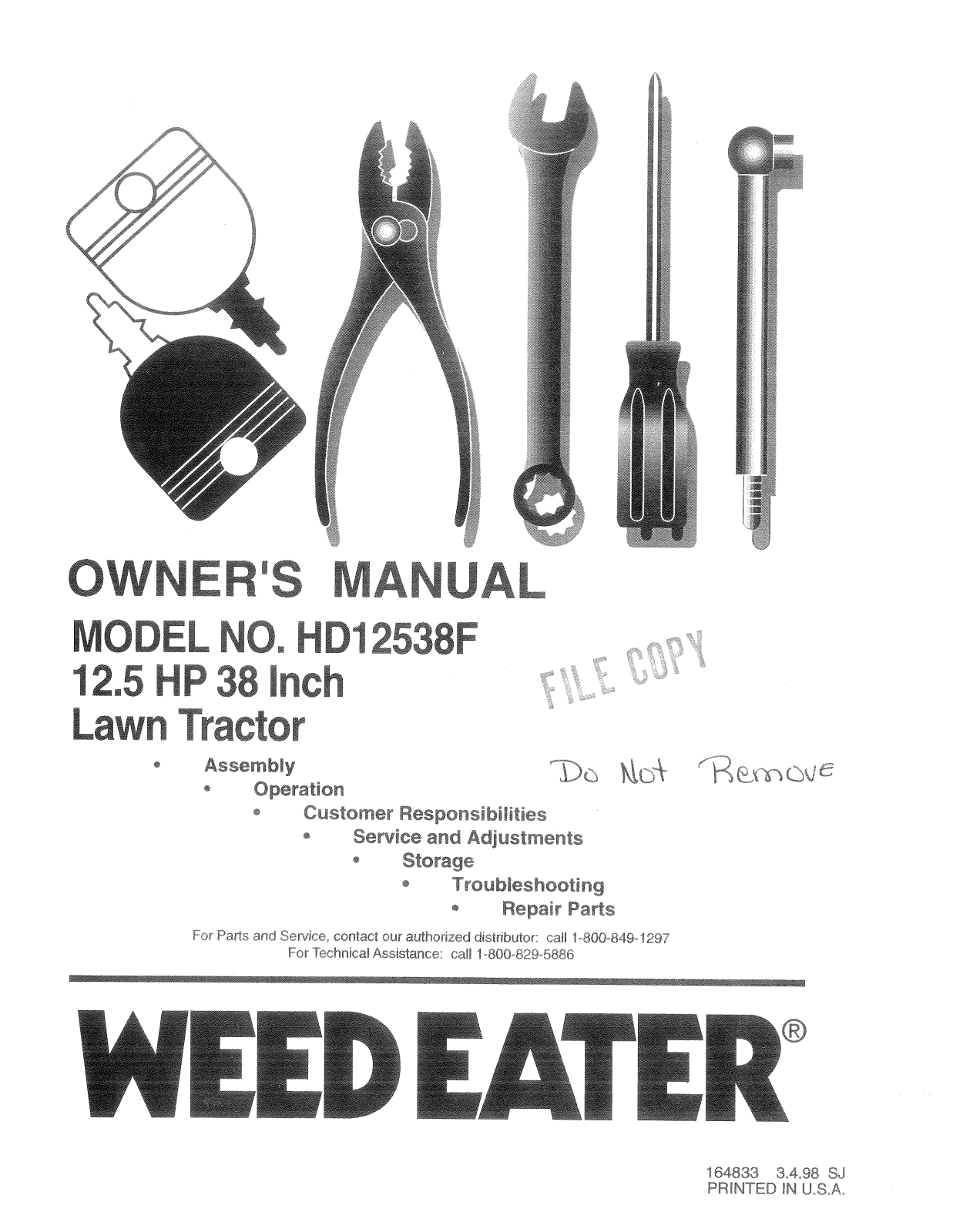 Weed Eater 164833, HD12538F User Manual