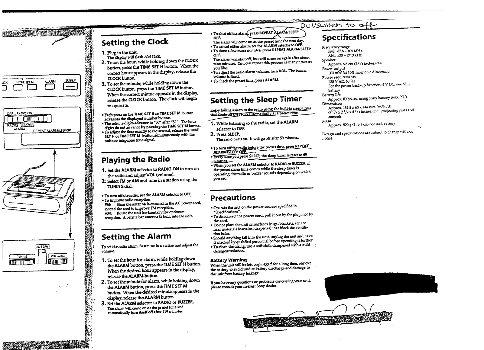 Sony ICF-C26 User notes