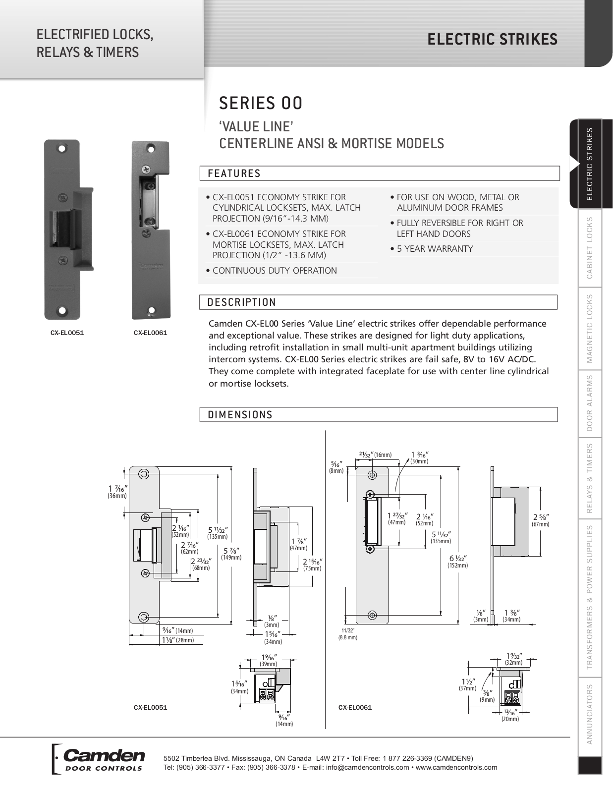 Camden Door Controls CX-EL0051, CX-EL0061 Specsheet