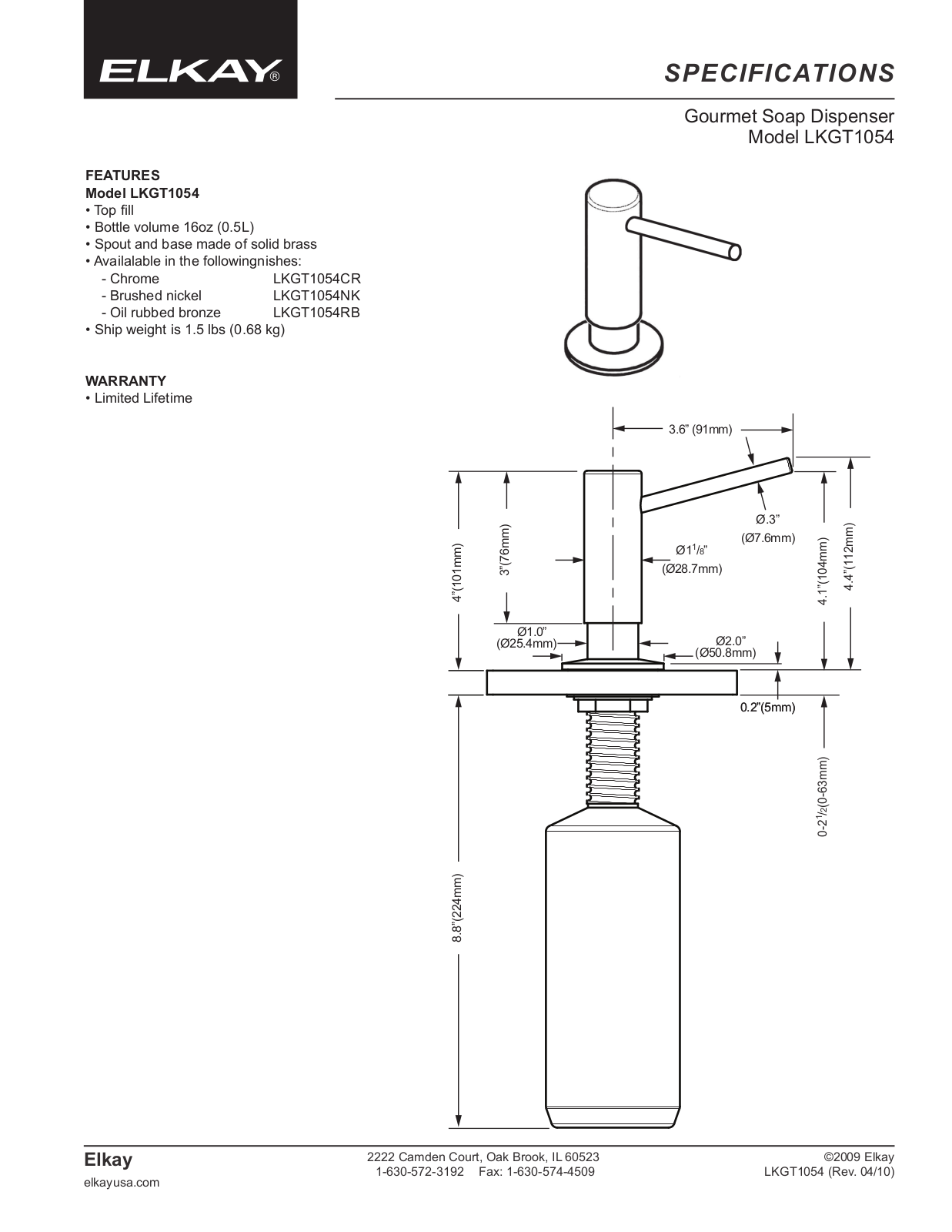 Elkay LKGT1054CR Specs