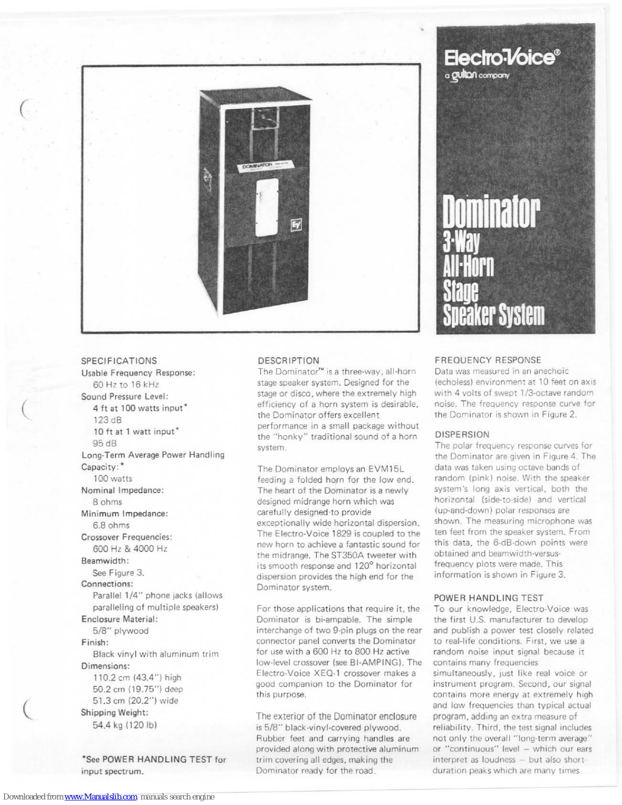 Electro-Voice Dominator All-Horn Stage Speaker, Dominator System Specifications