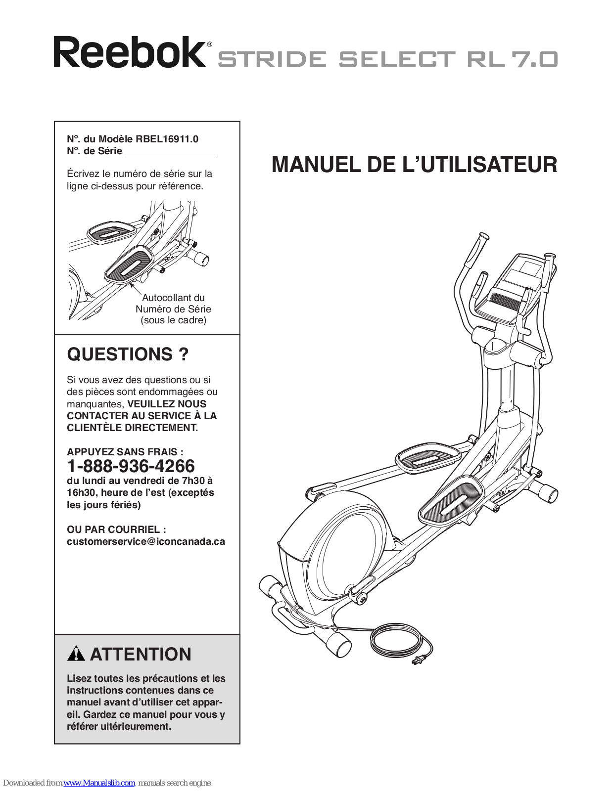 Reebok Stride Select Rl 7.0 Elliptical, Stride Select Rl 7.0, RBEL16911.0 Manuel De L'utilisateur