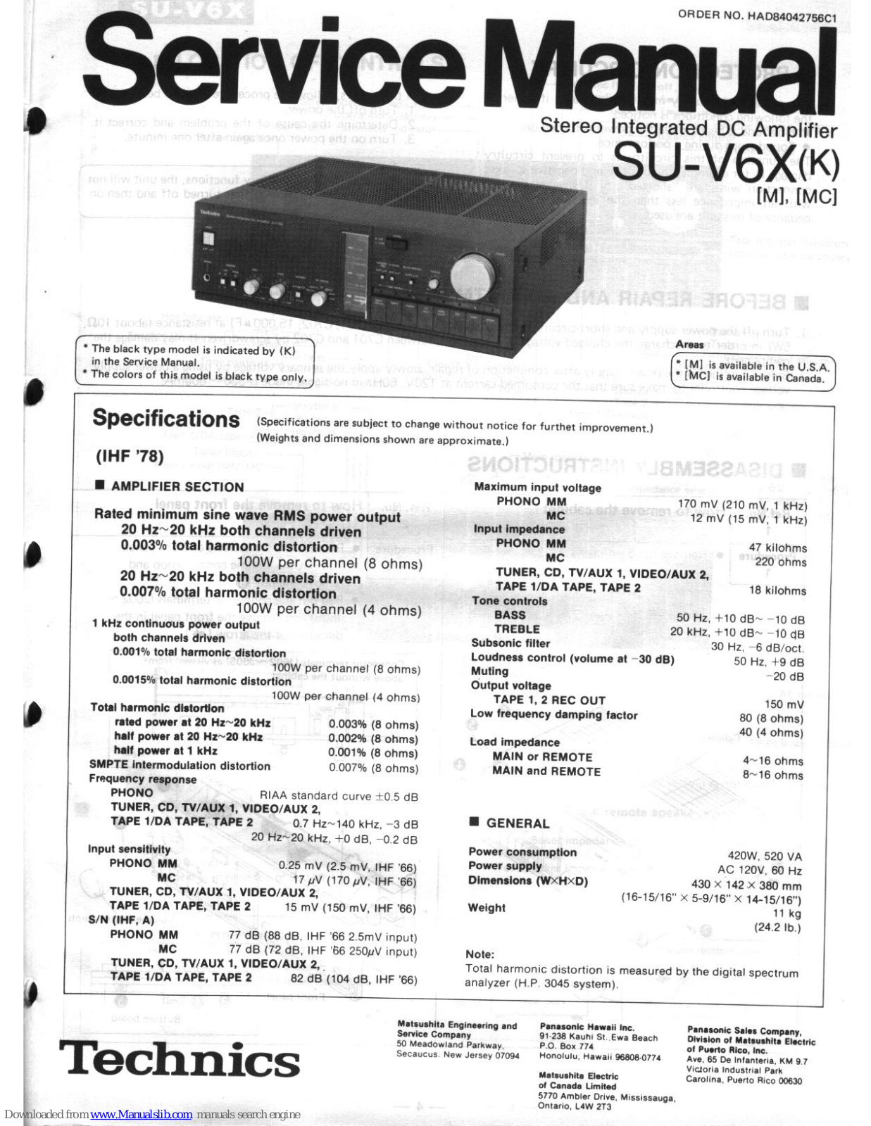 Technics SU-V6XK, SU-V6XM, SU-V6XMC Service Manual