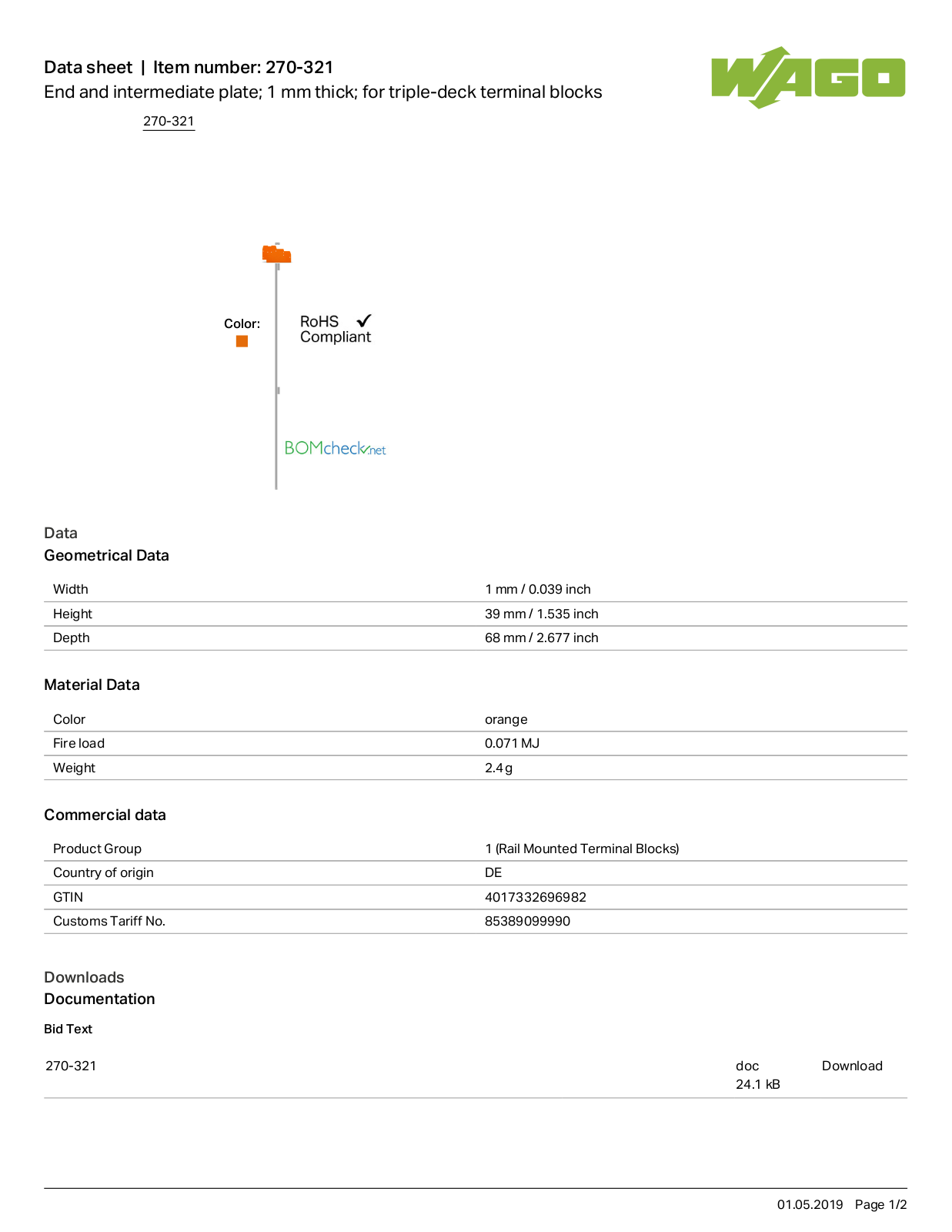 Wago 270-321 Data Sheet