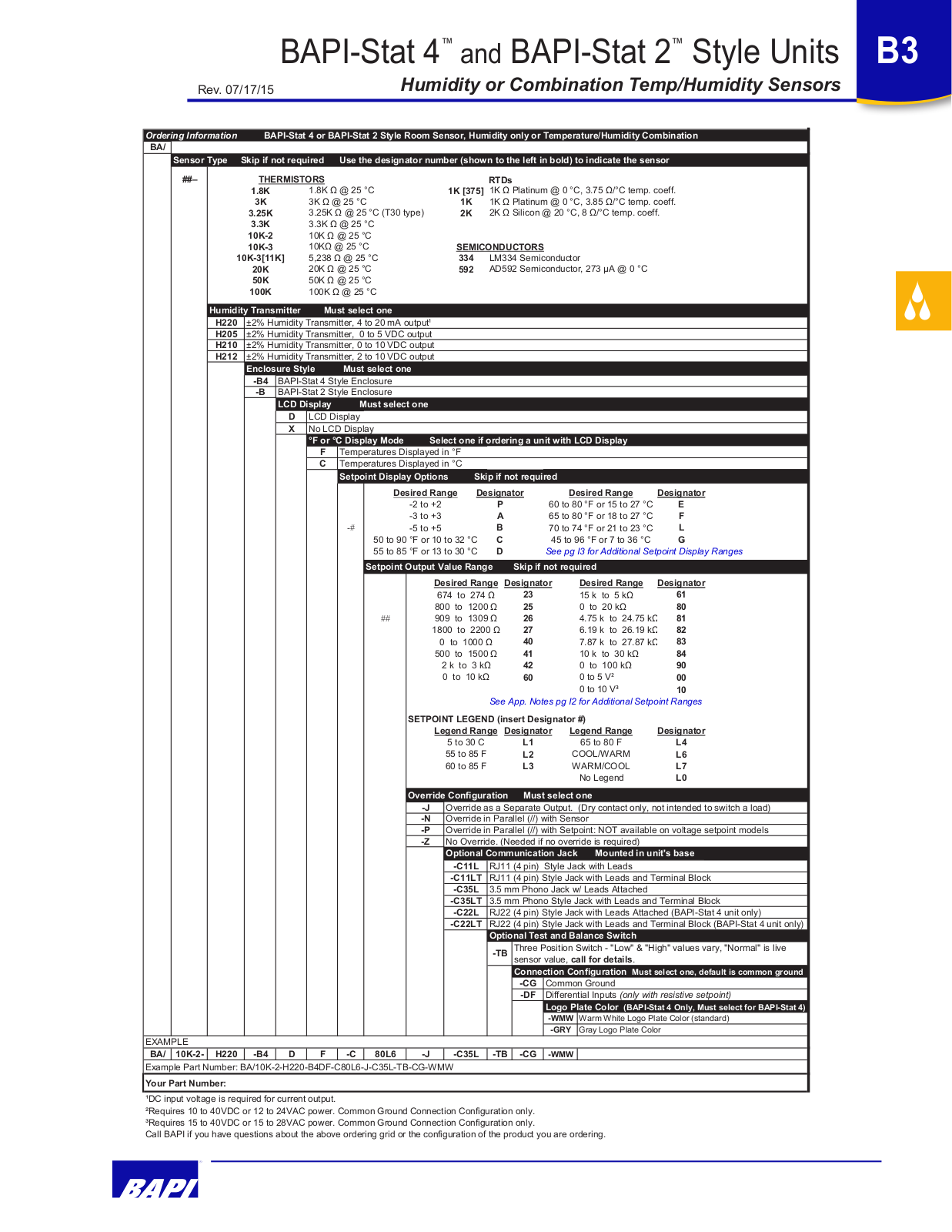 BAPI BAPI-Stat 4, BAPI-Stat 2 Part Numbering Designation