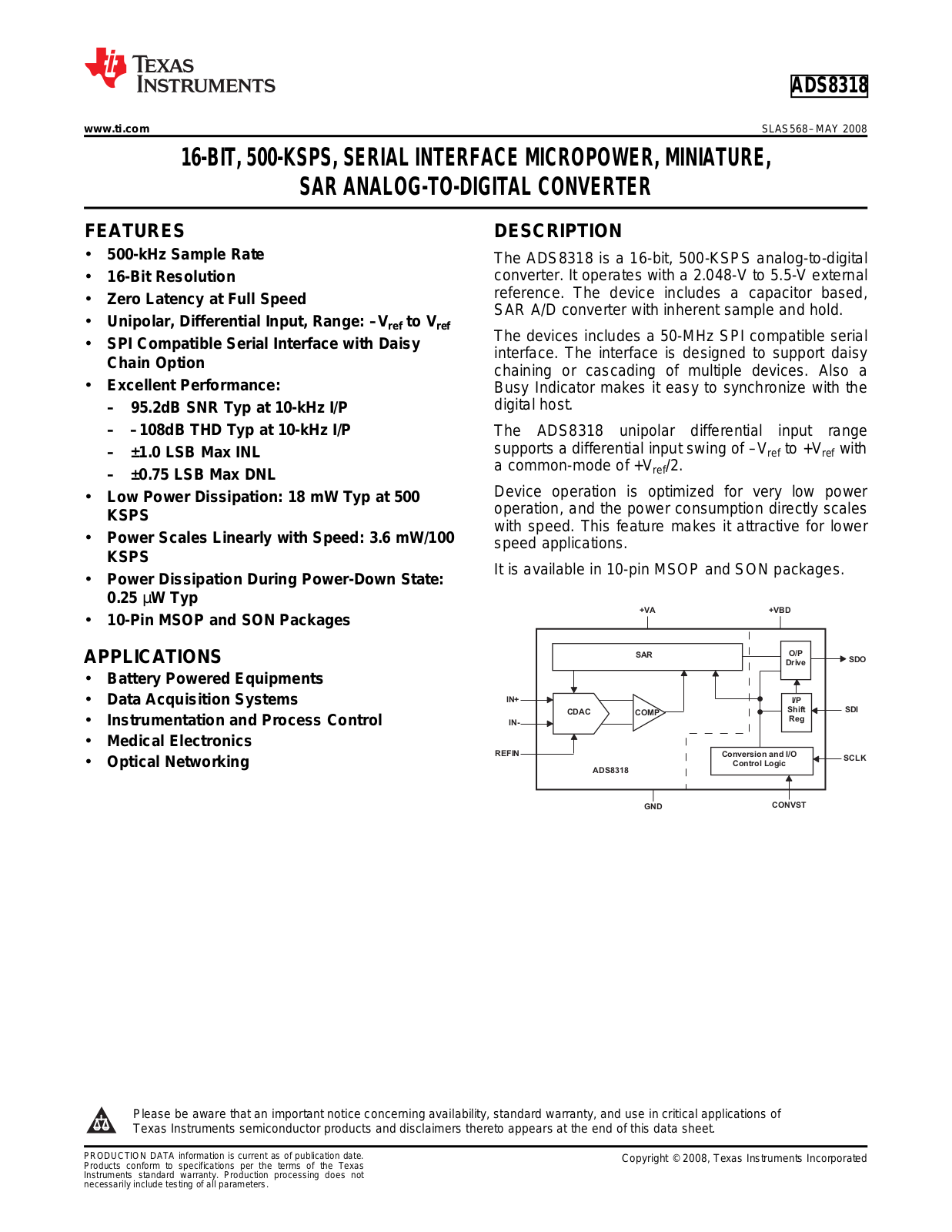 TEXAS INSTRUMENTS ADS8318 Technical data