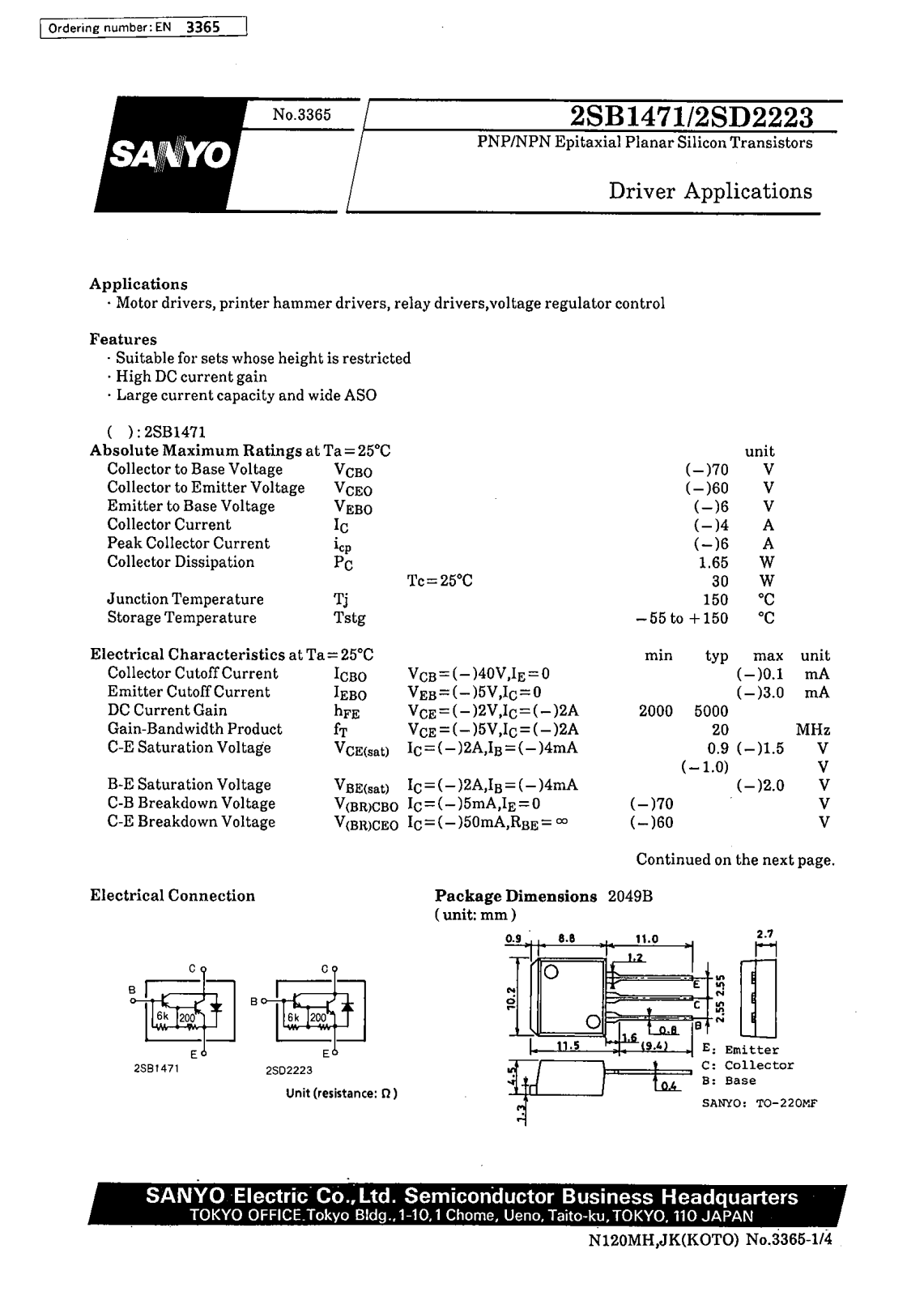 SANYO 2SD2223, 2SB1471 Datasheet