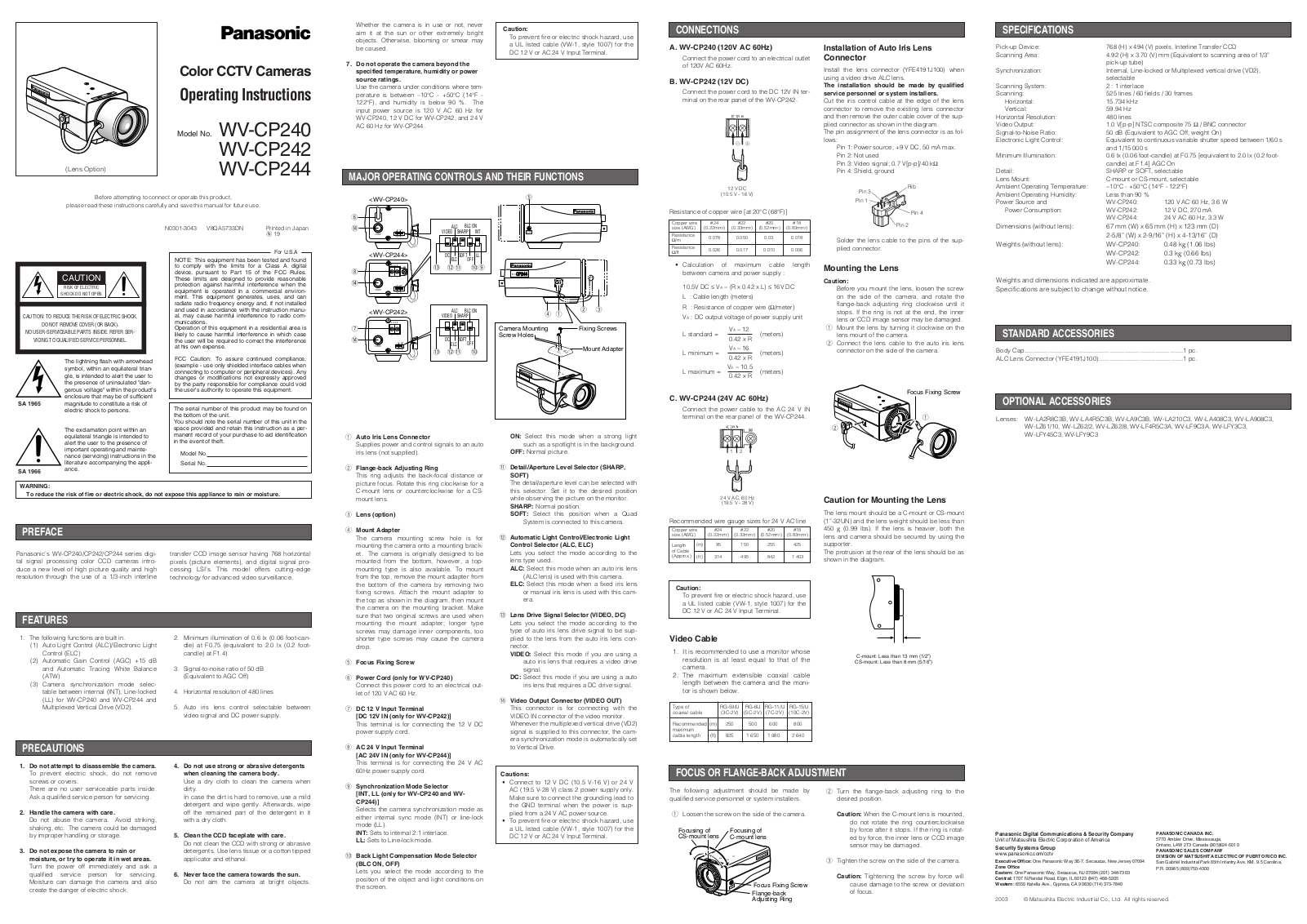 Panasonic WV-CP244, WV-CP242, WV-CP240 User Manual