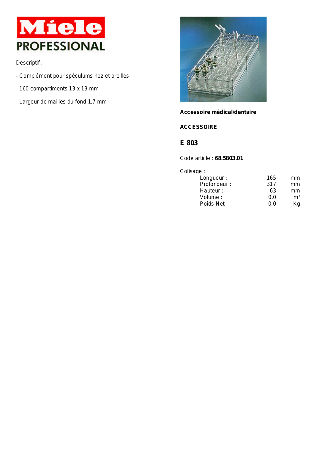 MIELE E 803 DESCRIPTIF User Manual