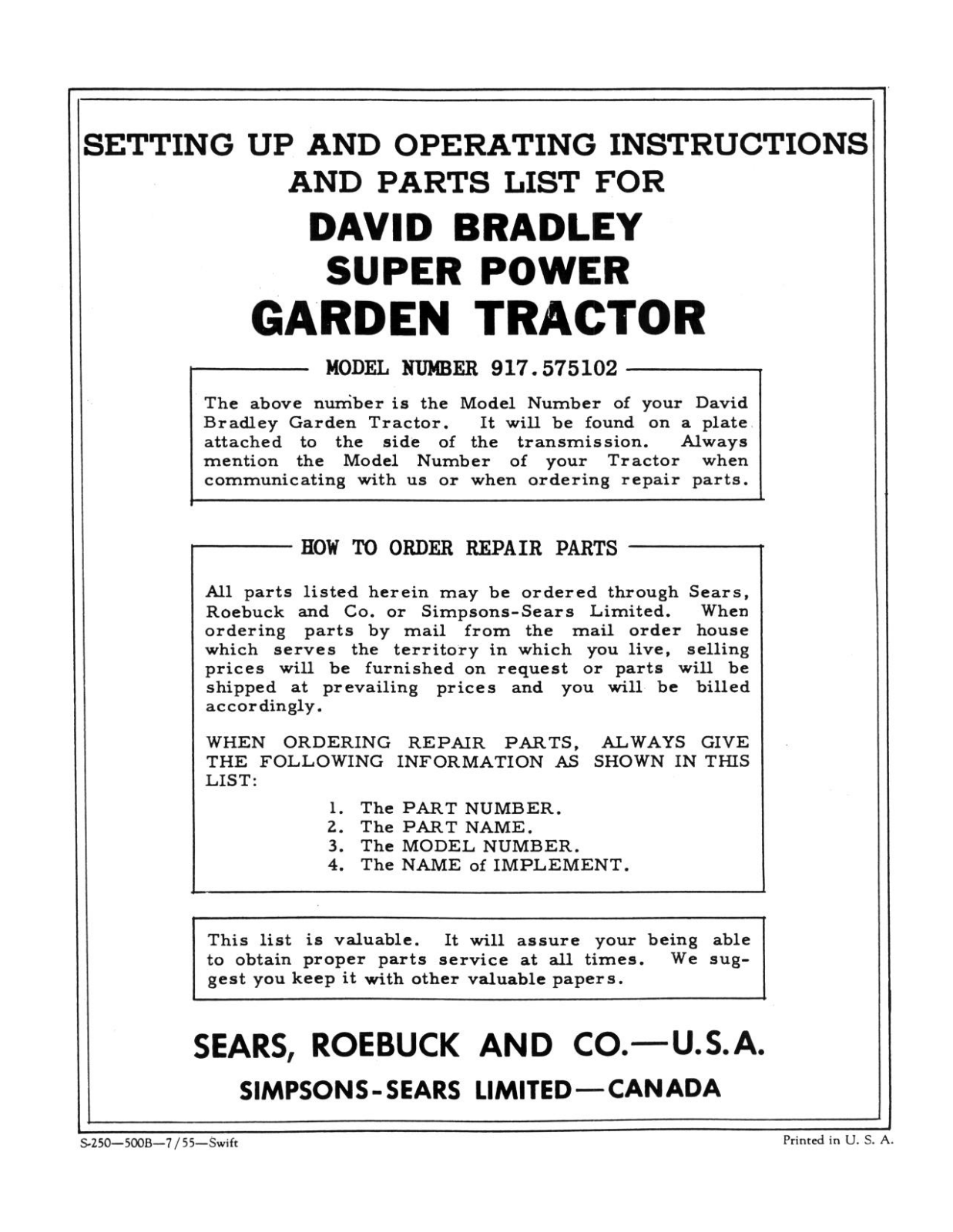 David Bradley 917.575102 Operating Instruction