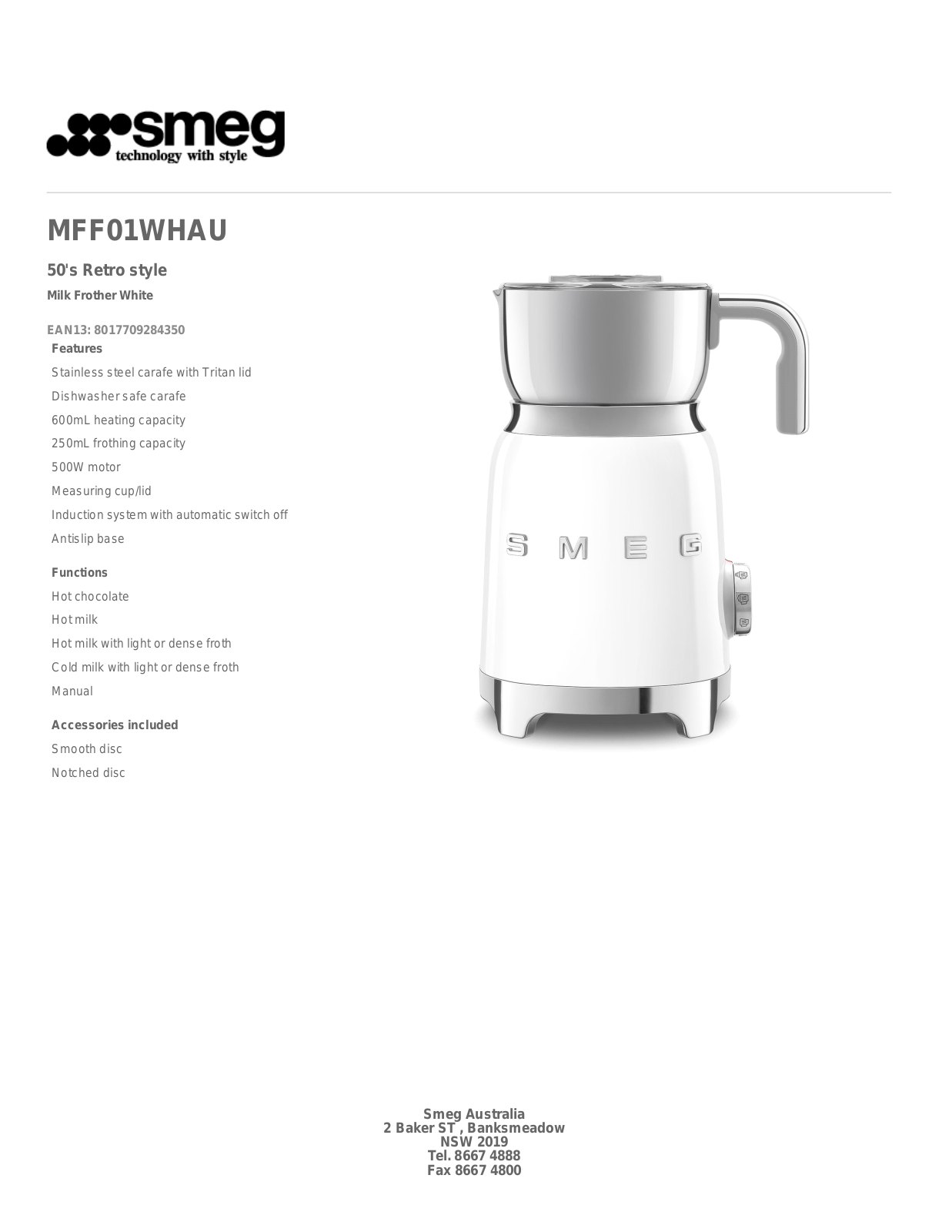 Smeg MFF01WHAU Specifications Sheet