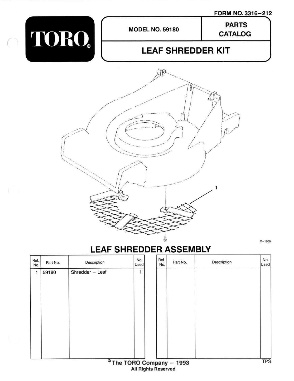 Toro 59180 Parts Catalogue