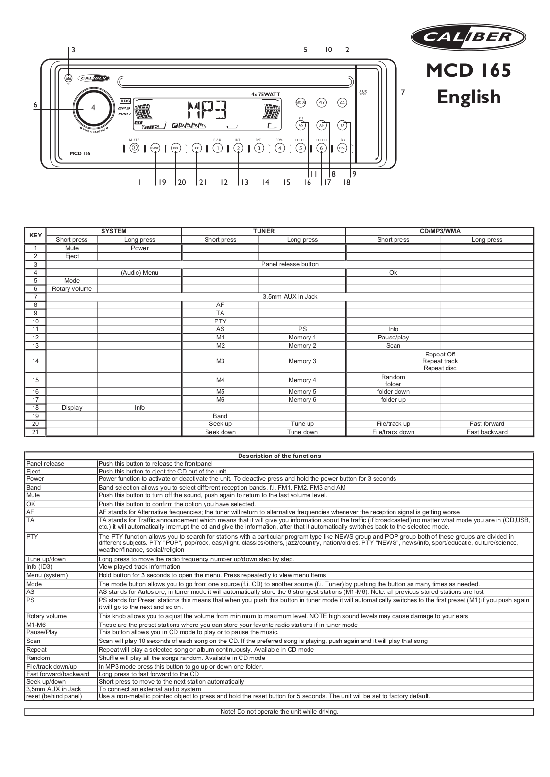 CALIBER MCD 165 User Manual