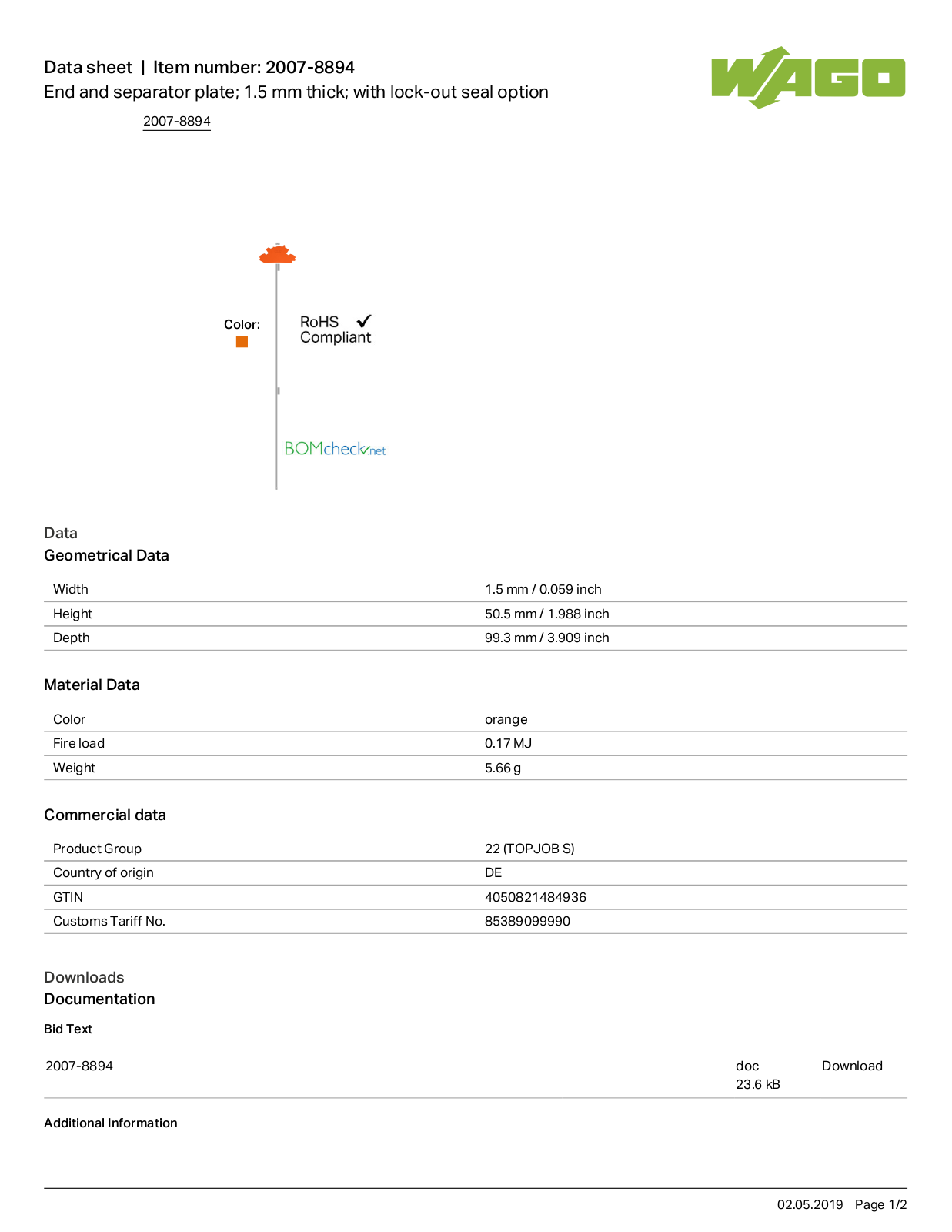 Wago 2007-8894 Data Sheet