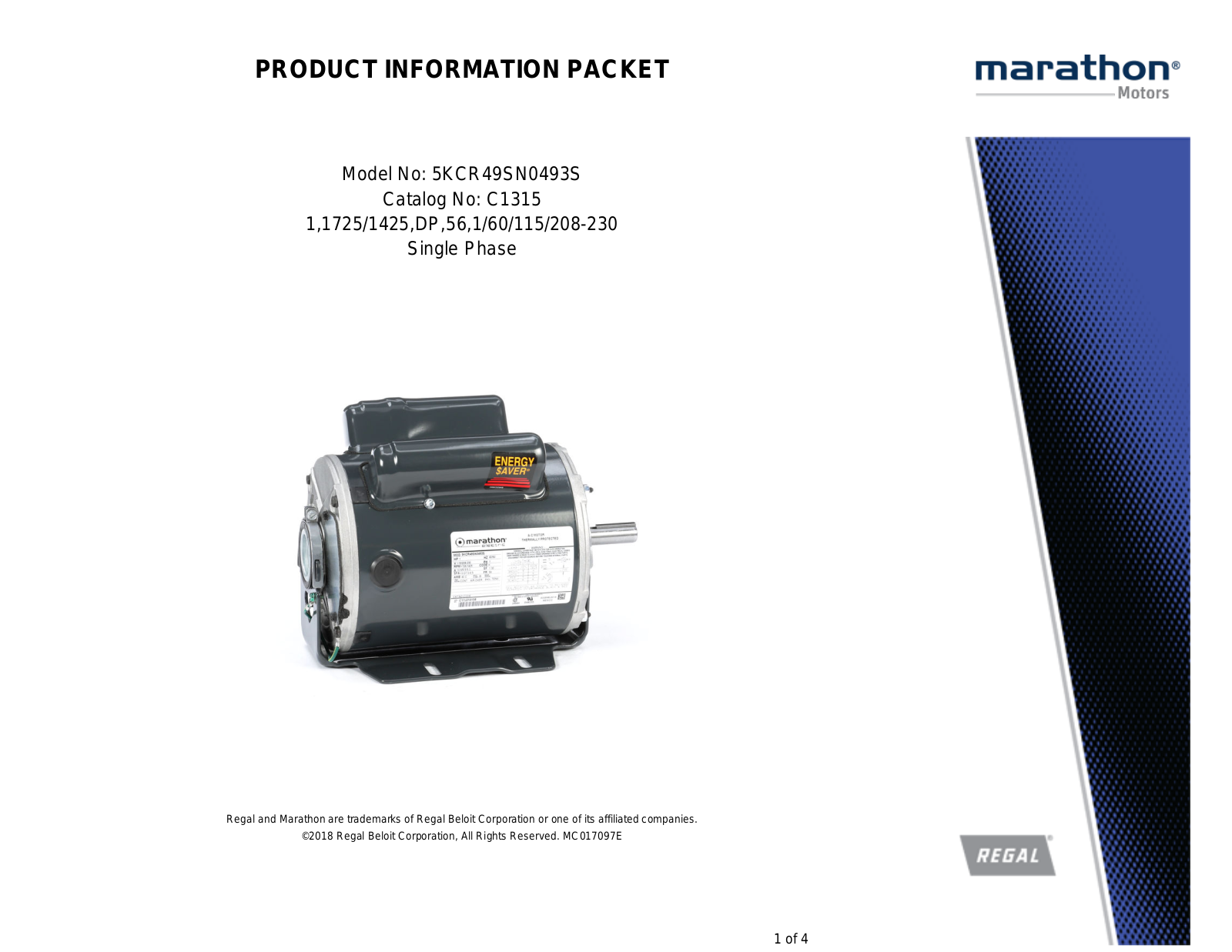 Marathon Electric 5KCR49SN0493S Product Information Packet