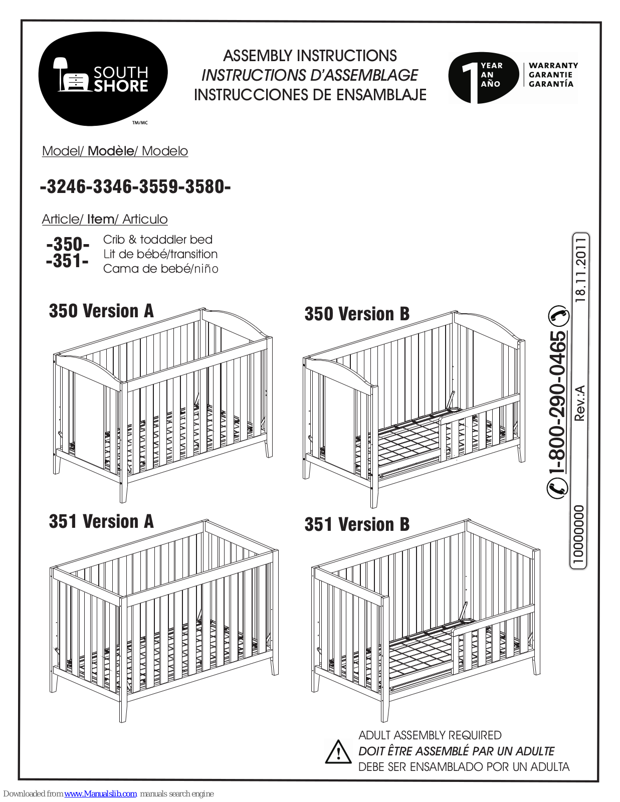 South Shore 3346, 3559, 3580 Assembly Instructions Manual