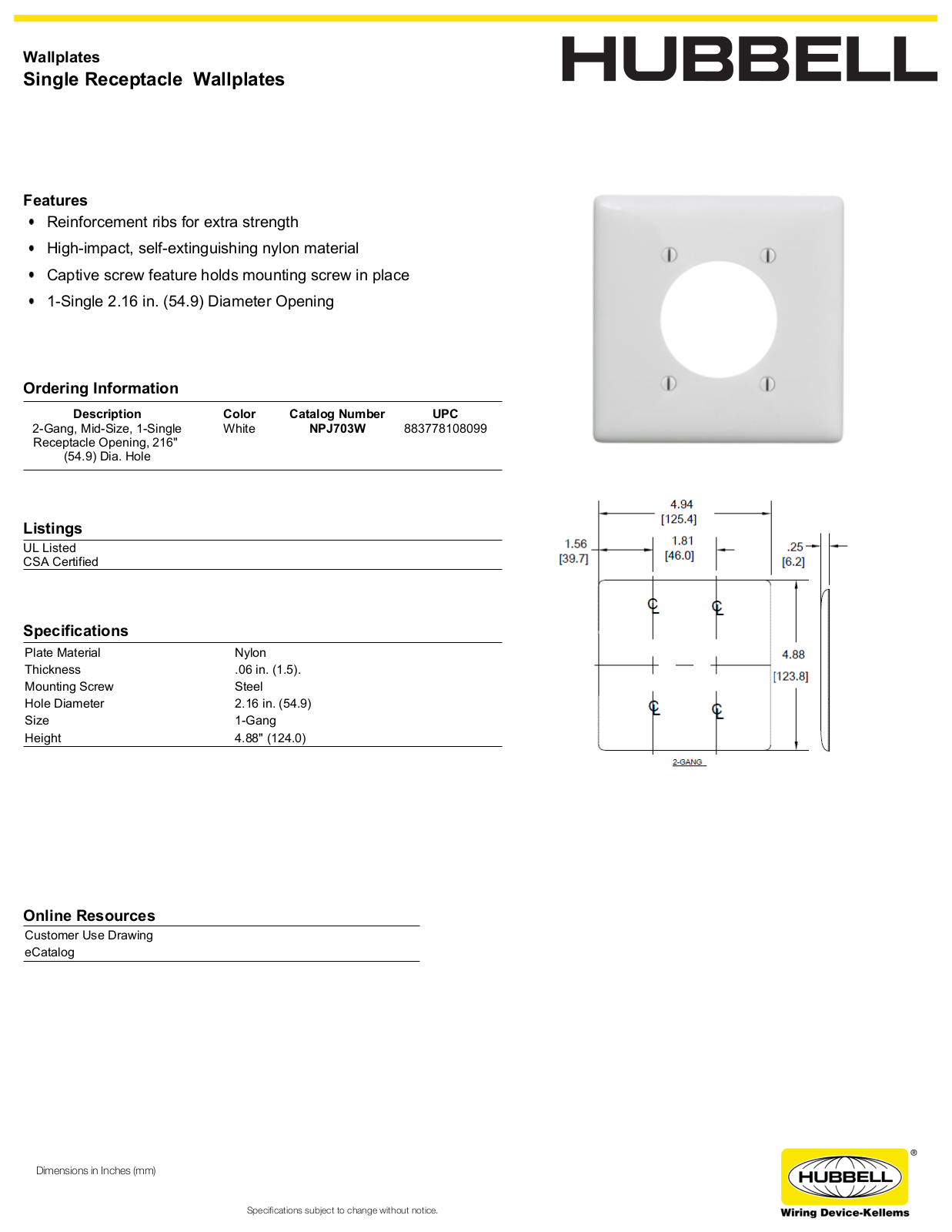 Hubbell NPJ703W Specifications