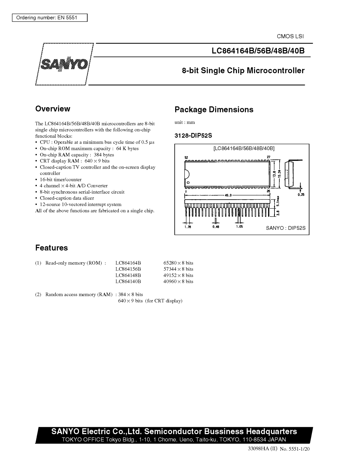 SANYO LC864156B, LC864164B, LC864148B, LC864140B Datasheet