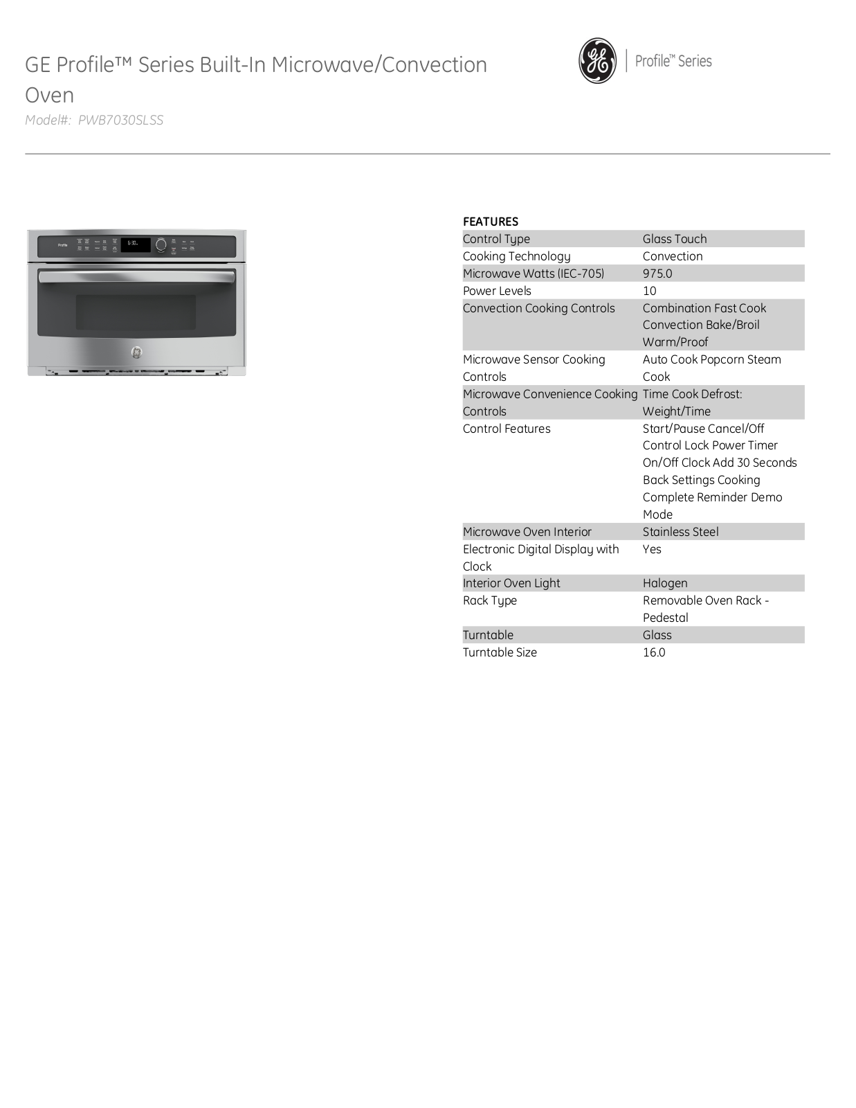 GE Profile PWB7030SLSS Specifications