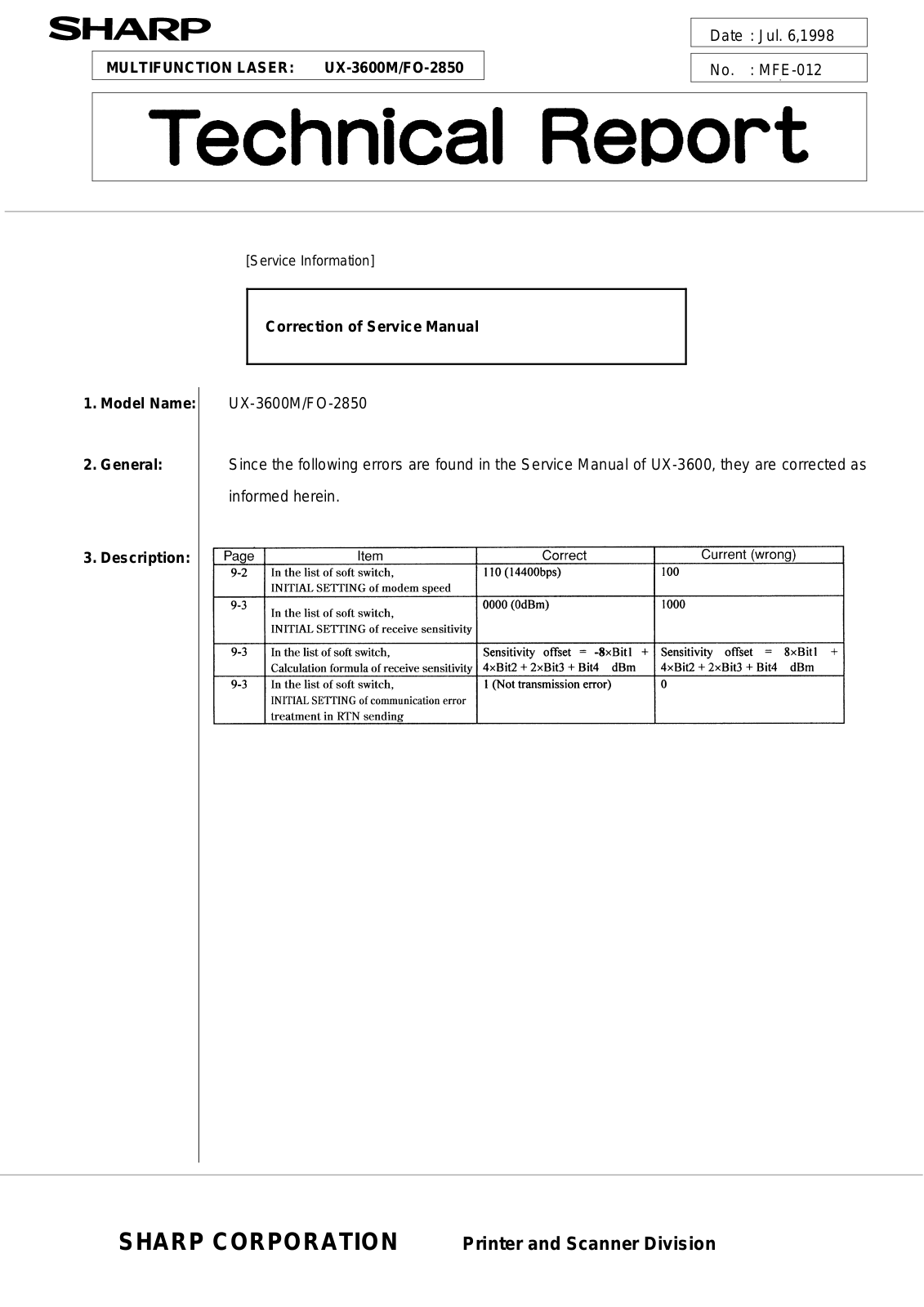 SHARP MFE012 Technical Report