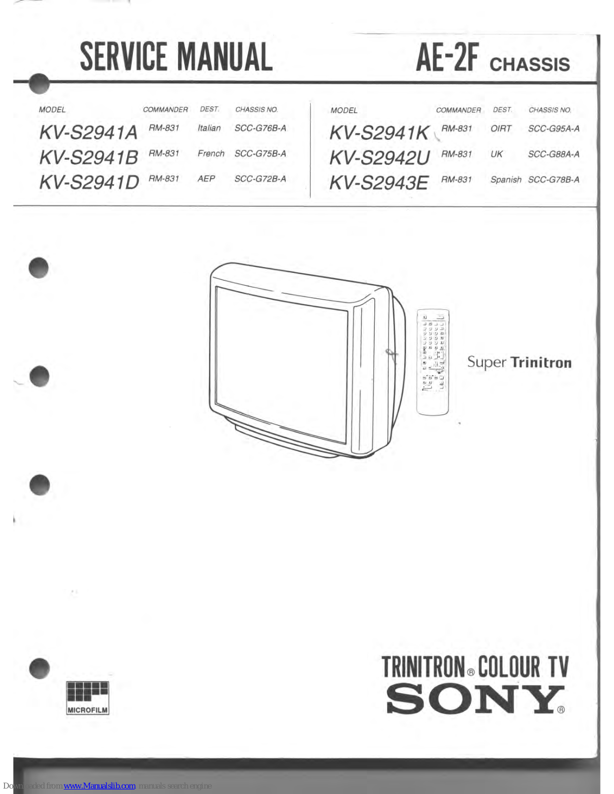 Sony Trinitron KV-S2941A, Trinitron KV-S2941K, Trinitron KV-S2941B, Trinitron KV-S2942U, Trinitron KV-S2943E Service Manual