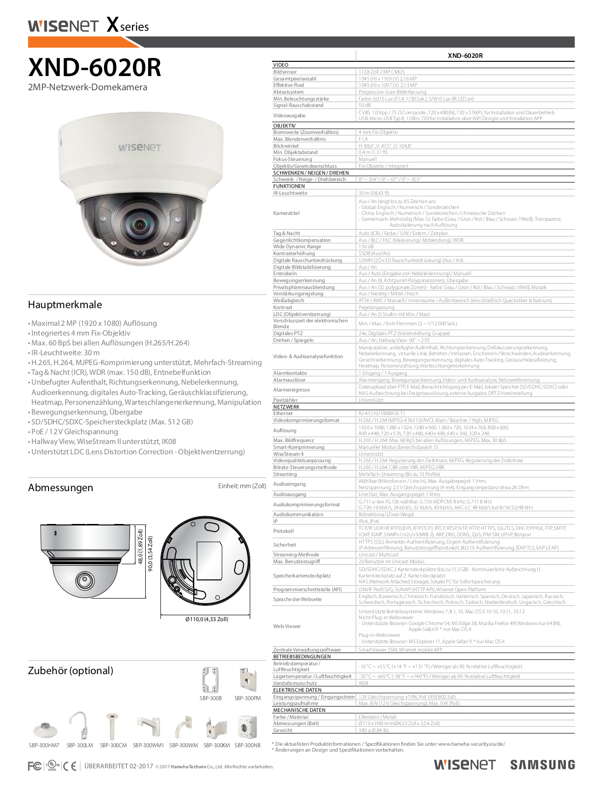 Hanwha Techwin XND-6020R Technical data