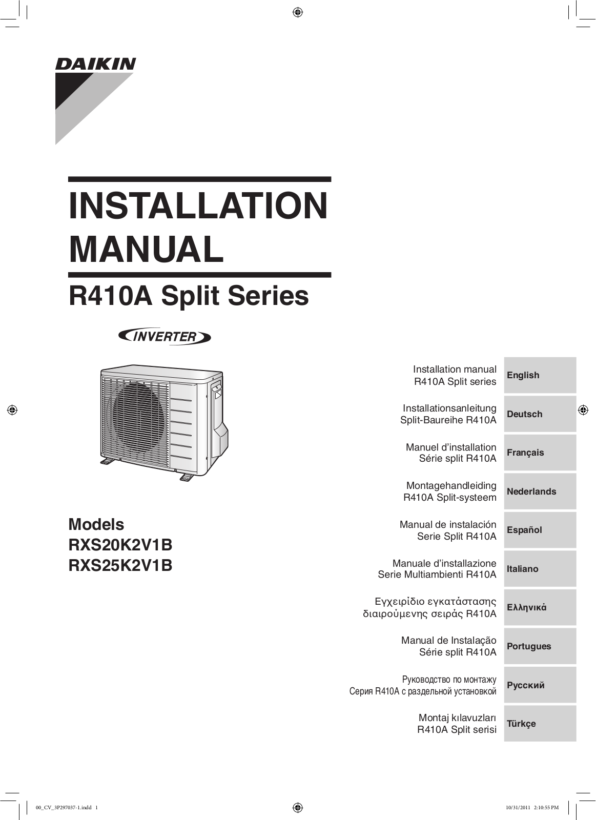 Daikin RXS20K2V1B, RXS25K2V1B Installation manuals