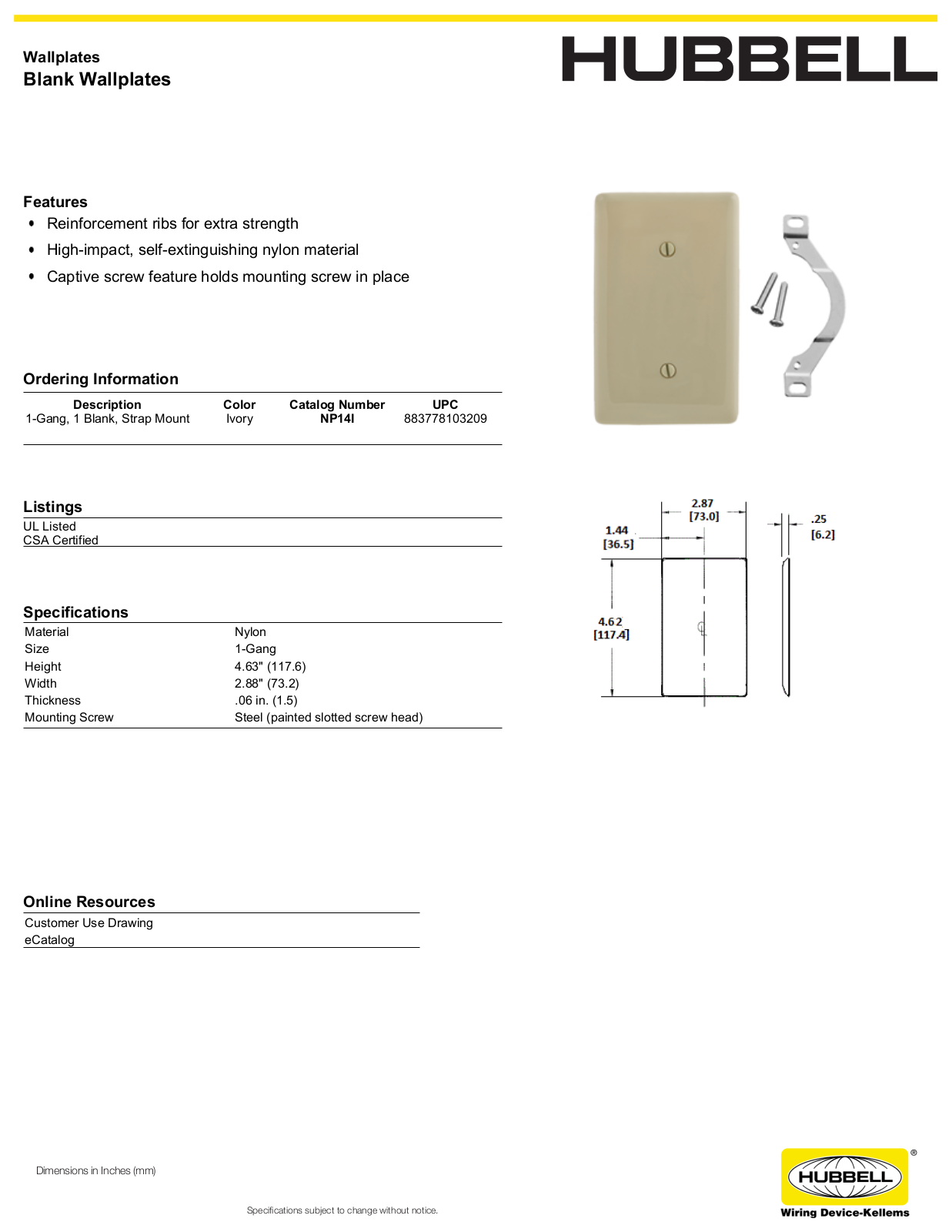 Hubbell NP14I Specifications