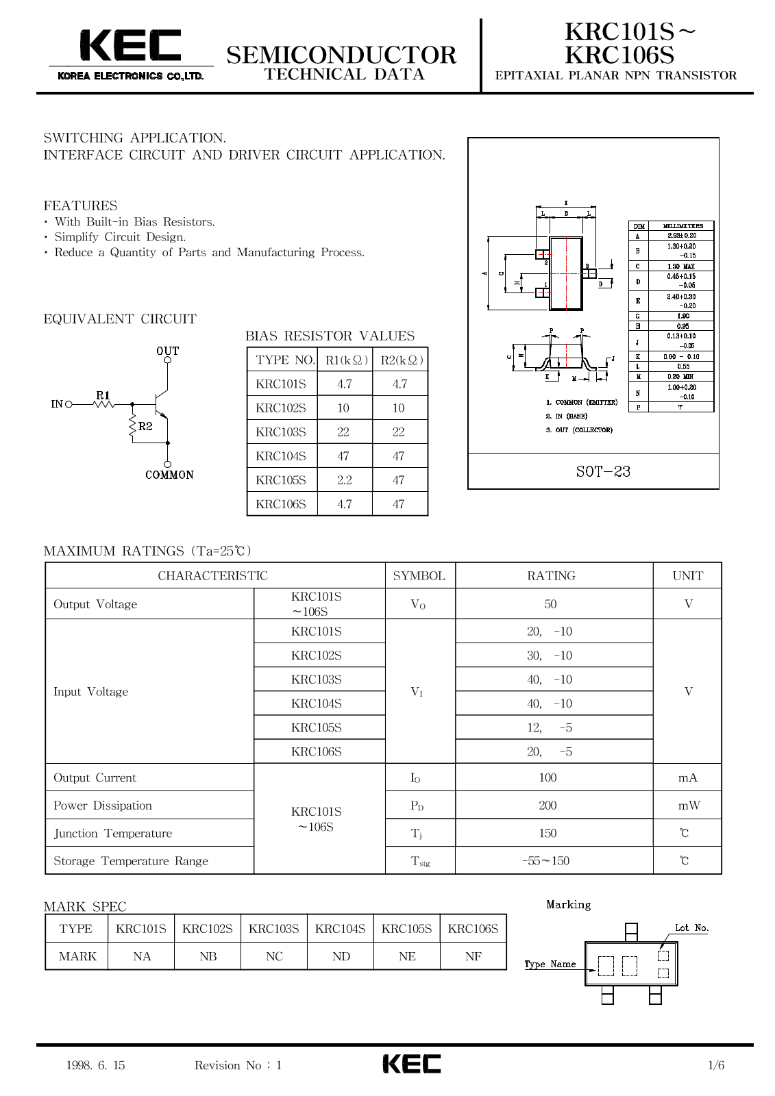 KEC KRC106S, KRC105S, KRC102S, KRC101S, KRC104S Datasheet