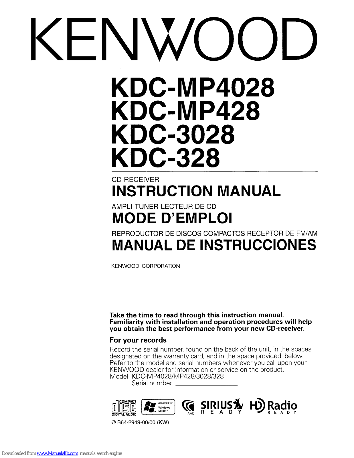 Kenwood KDC-MP4028, KDC-MP3028, KDC-MP428, KDC-MP328 Instruction Manual