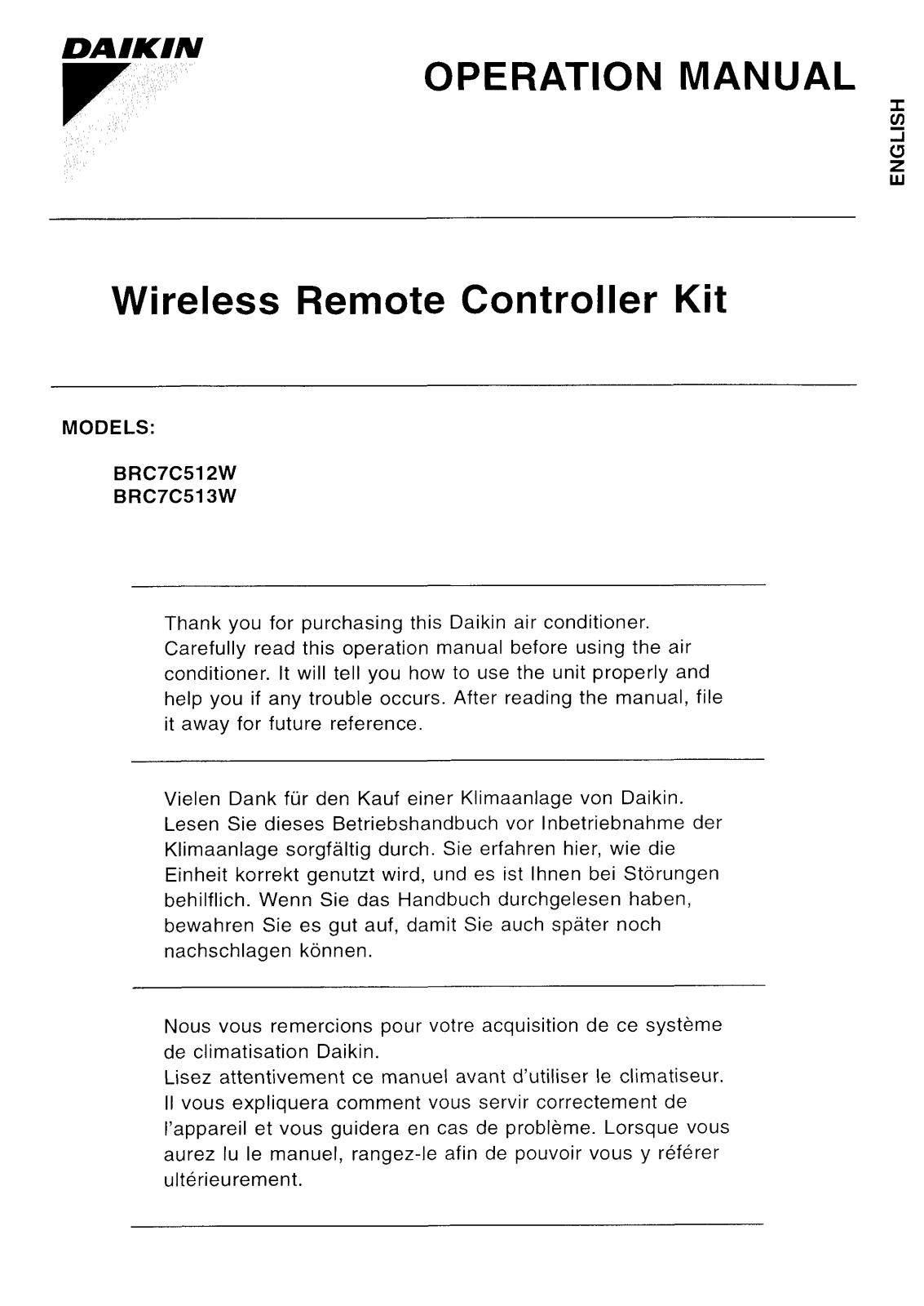 Daikin BRC7C513W, BRC7C512W User Manual