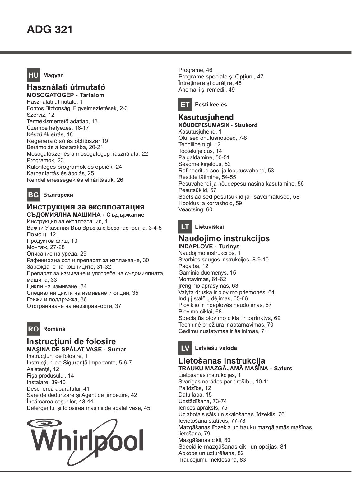 WHIRLPOOL ADG 321 IX User Manual