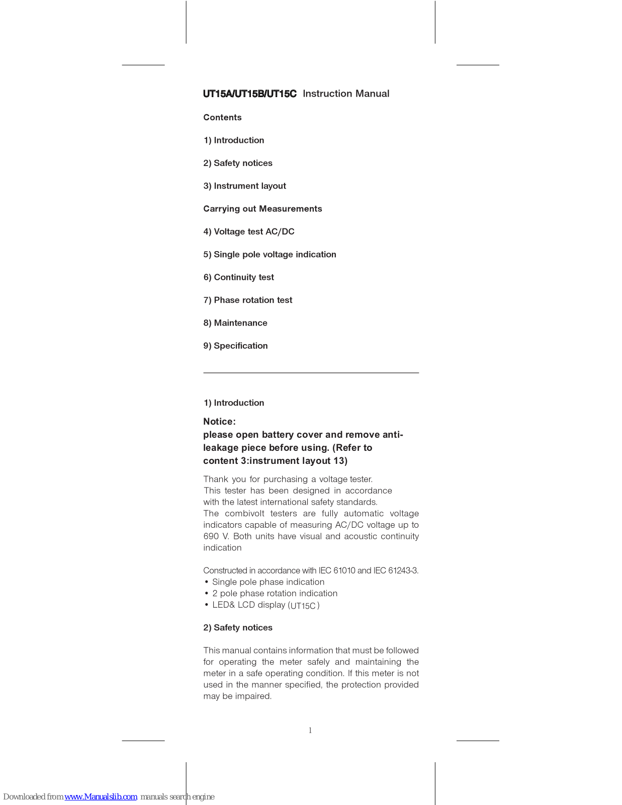 UNI-T UT15A, UT15B, UT15C Instruction Manual