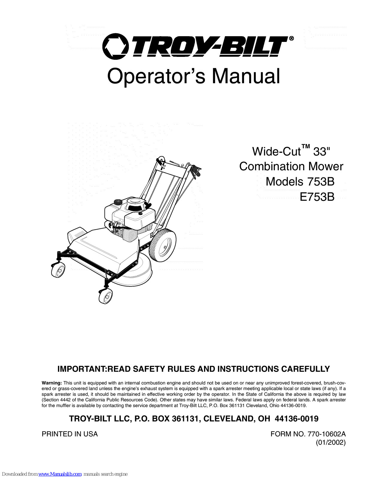 Troy-Bilt E753B, Wide-Cut 753B, Wide-Cut E753B Operator's Manual - ManualMachine.com