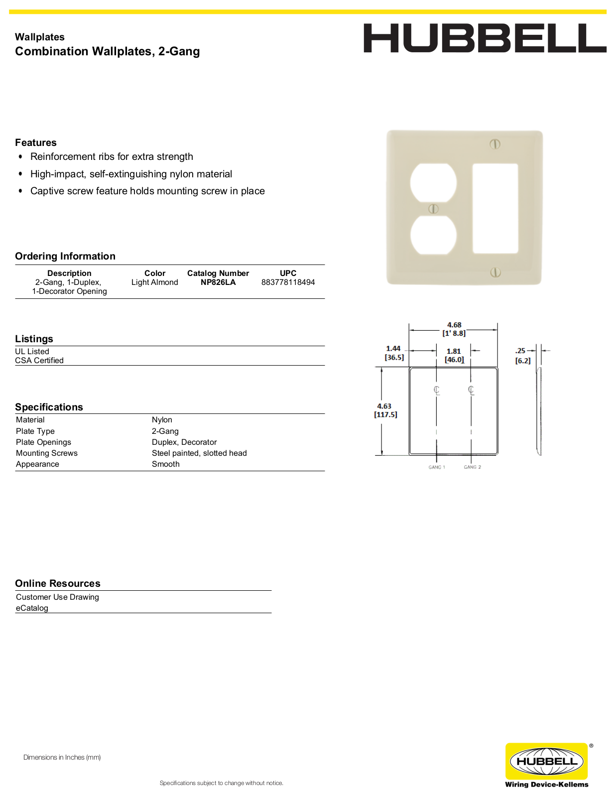 Hubbell NP826LA Specifications