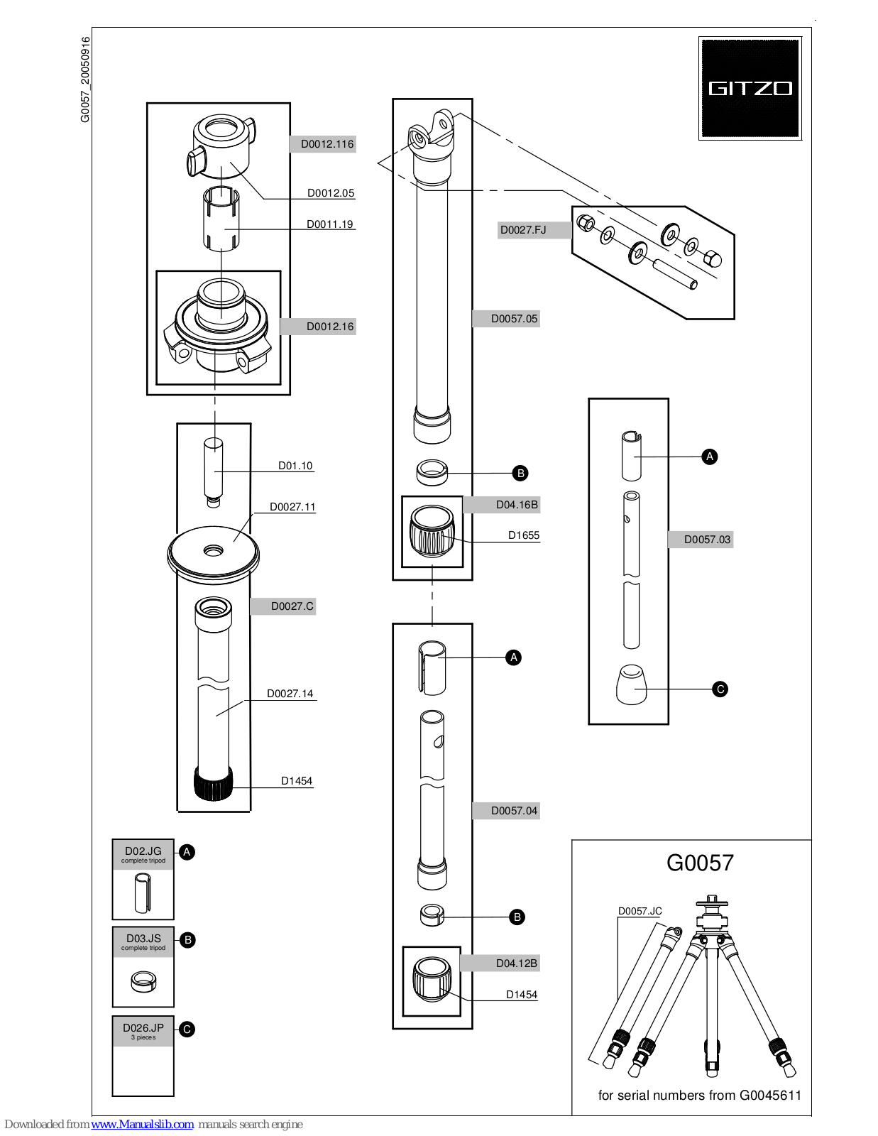 Gitzo G0045611, G0057 Parts List