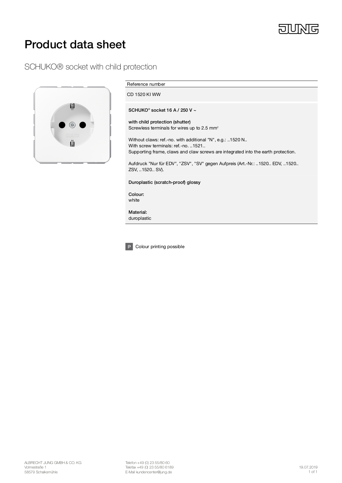 Jung CD 1520 KI WW Technical data