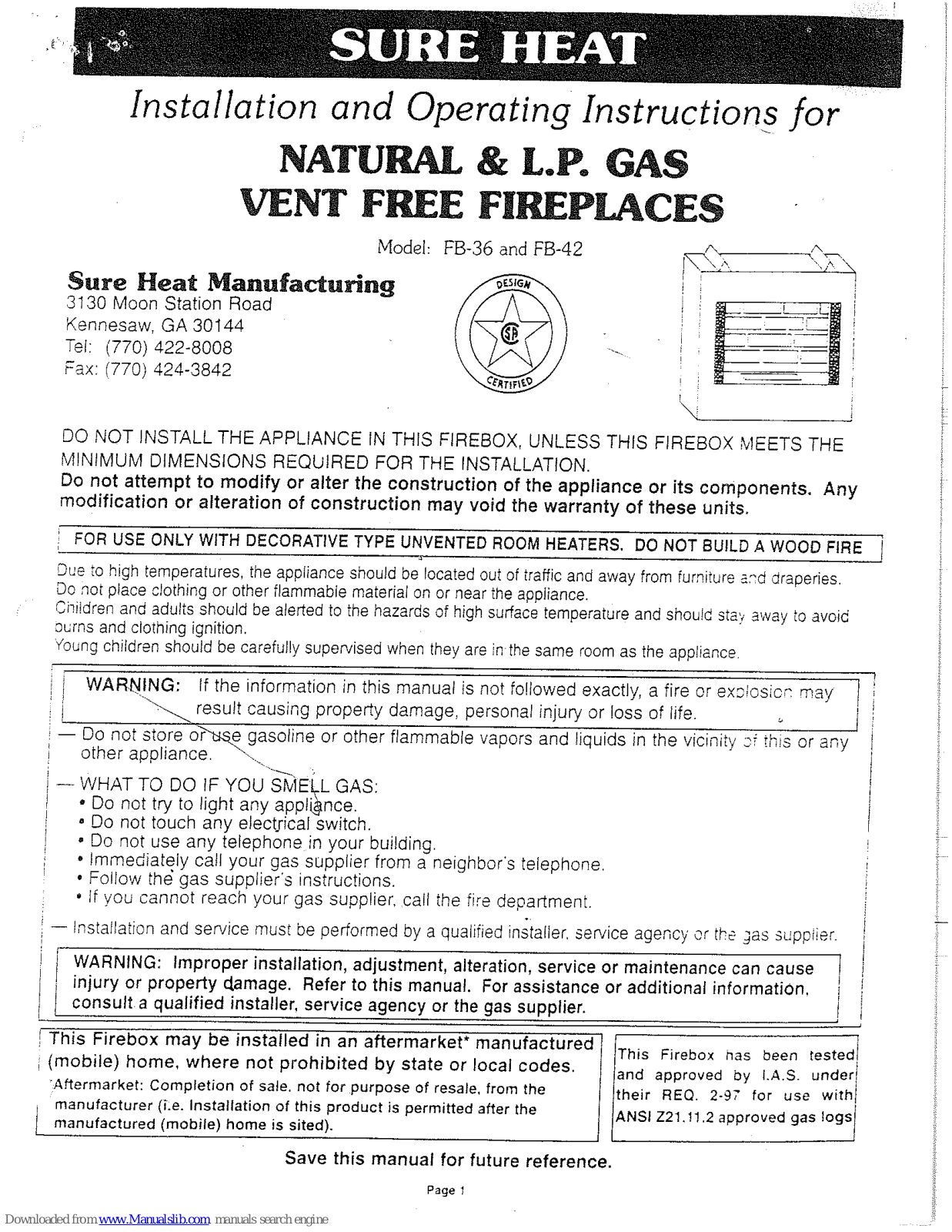 Sure Heat FB-36, FB-42 Installation And Operating Instructions Manual