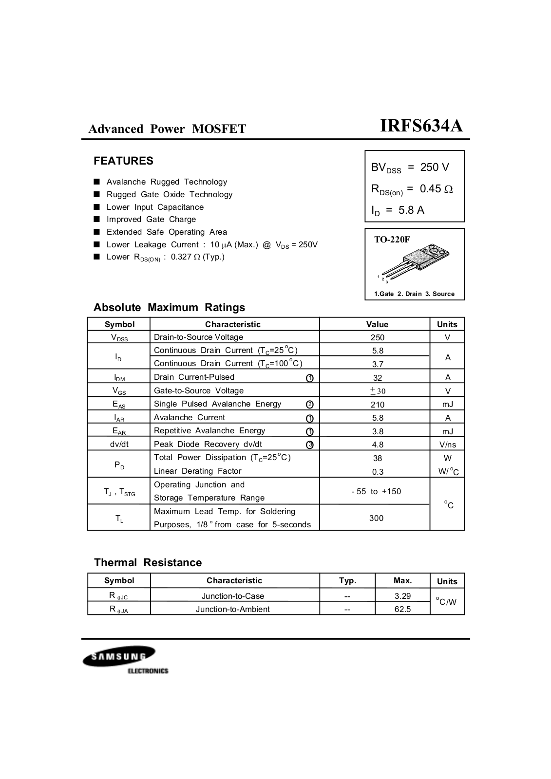 Samsung irfs634a Datasheet - ManualMachine.com