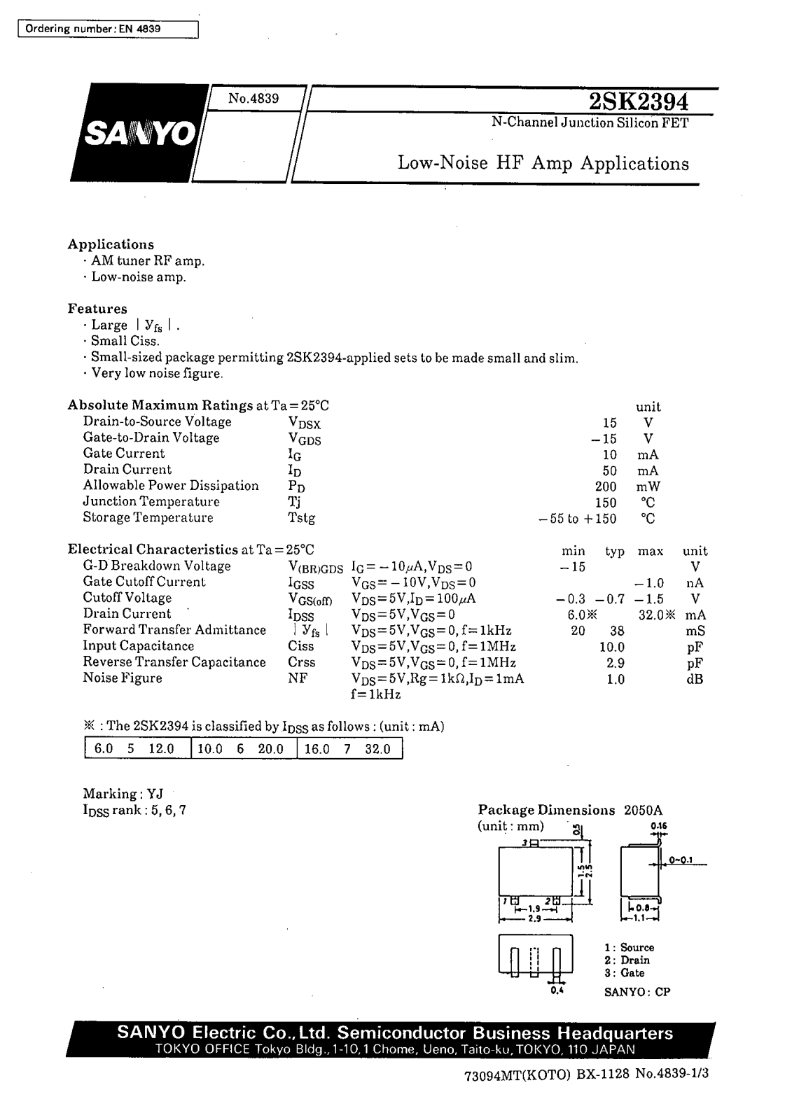 SANYO 2SK2394 Datasheet