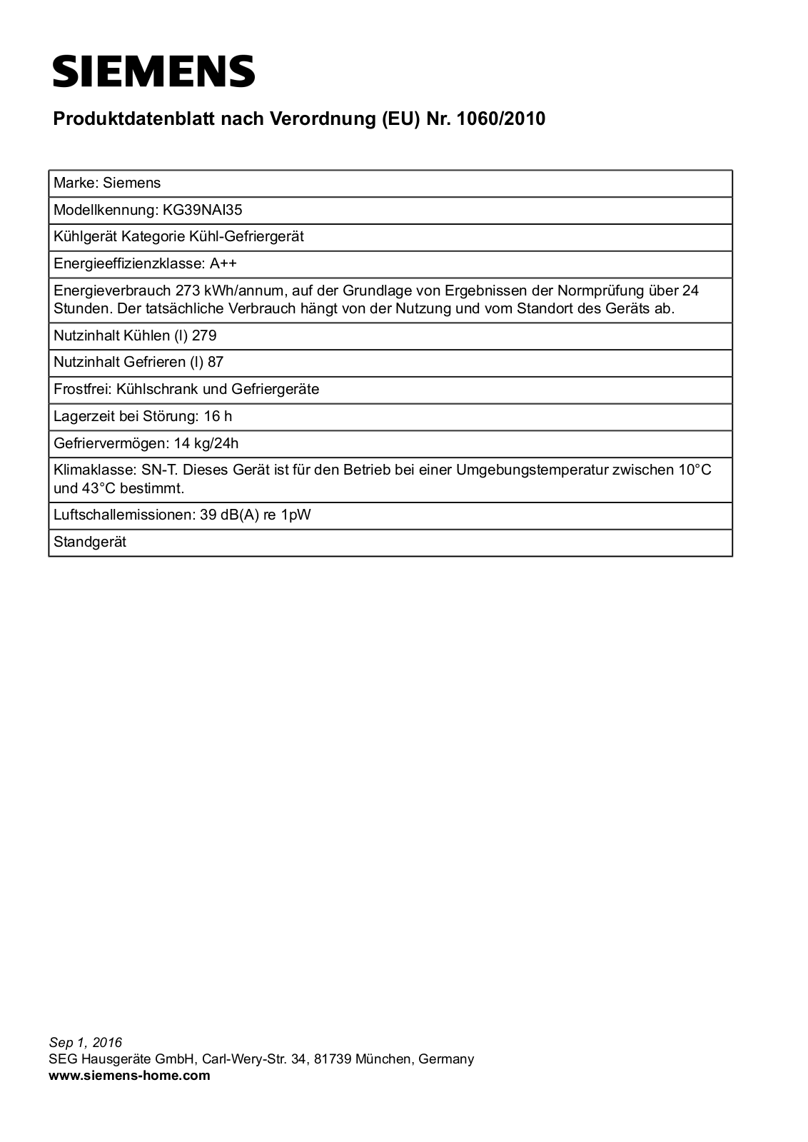 Siemens KG39NAI35 User Manual