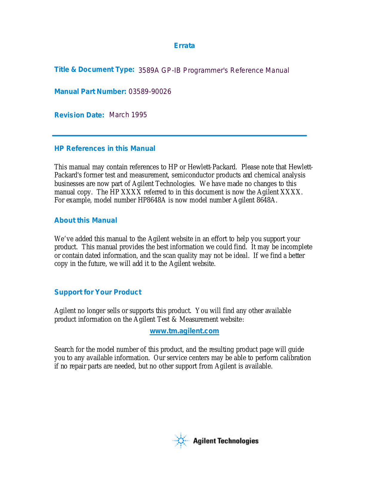 Agilent Technologies 3589A GP-IB User Manual