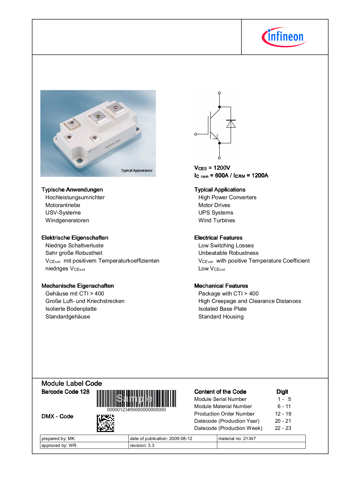 Infineon FZ600R12KE3-B1 Data Sheet