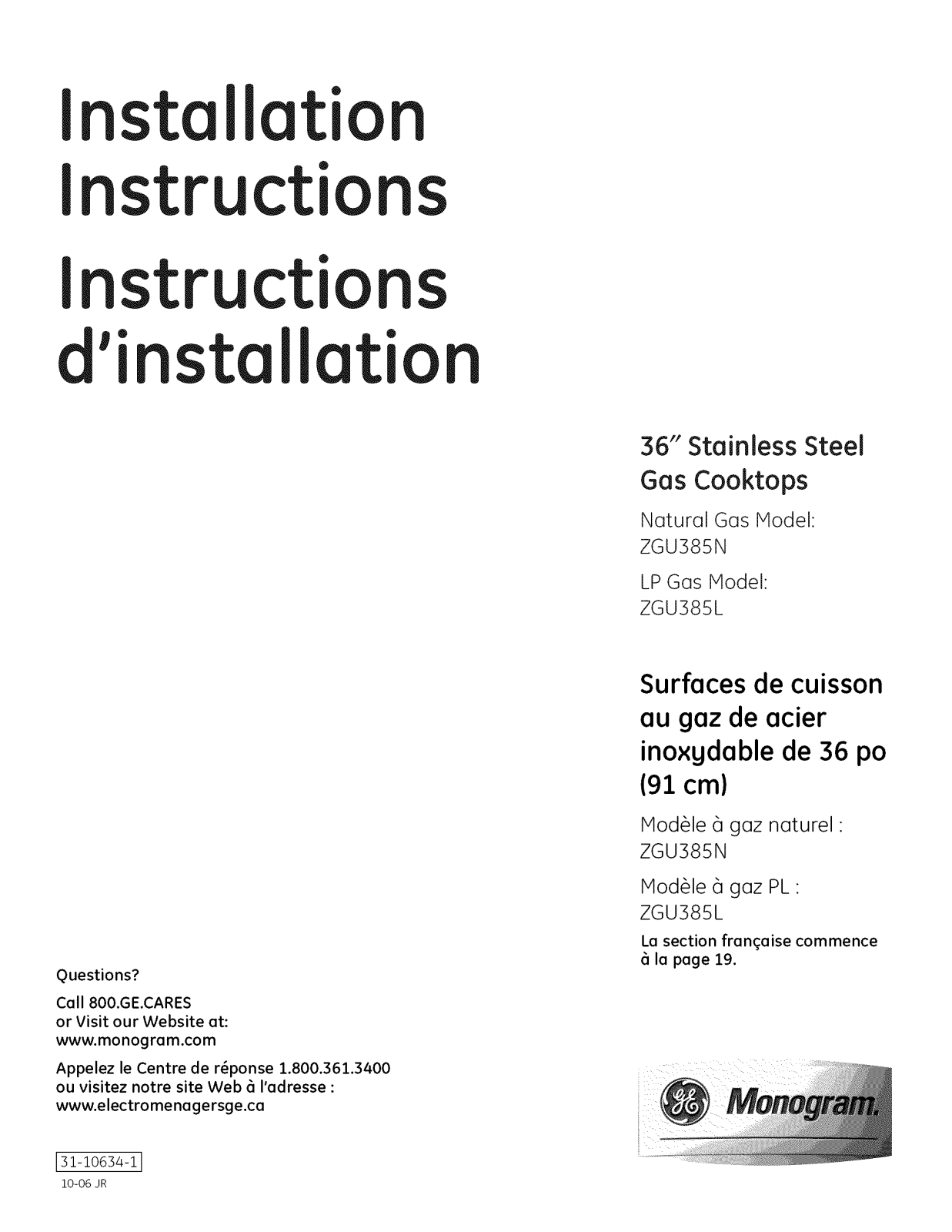 GE ZGU385LSM1SS, ZGU385LSM2SS, ZGU385NSM1SS, ZGU385NSM2SS Installation Guide