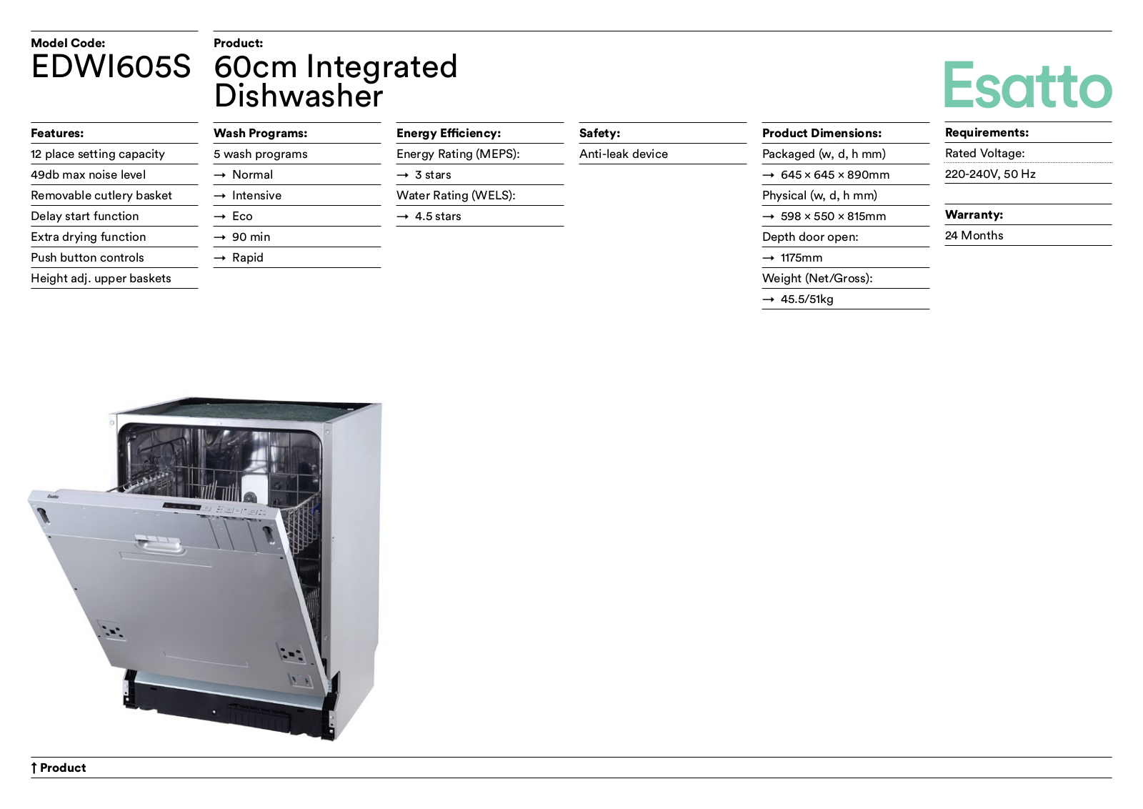 Esatto EDWI605S Specifications Sheet