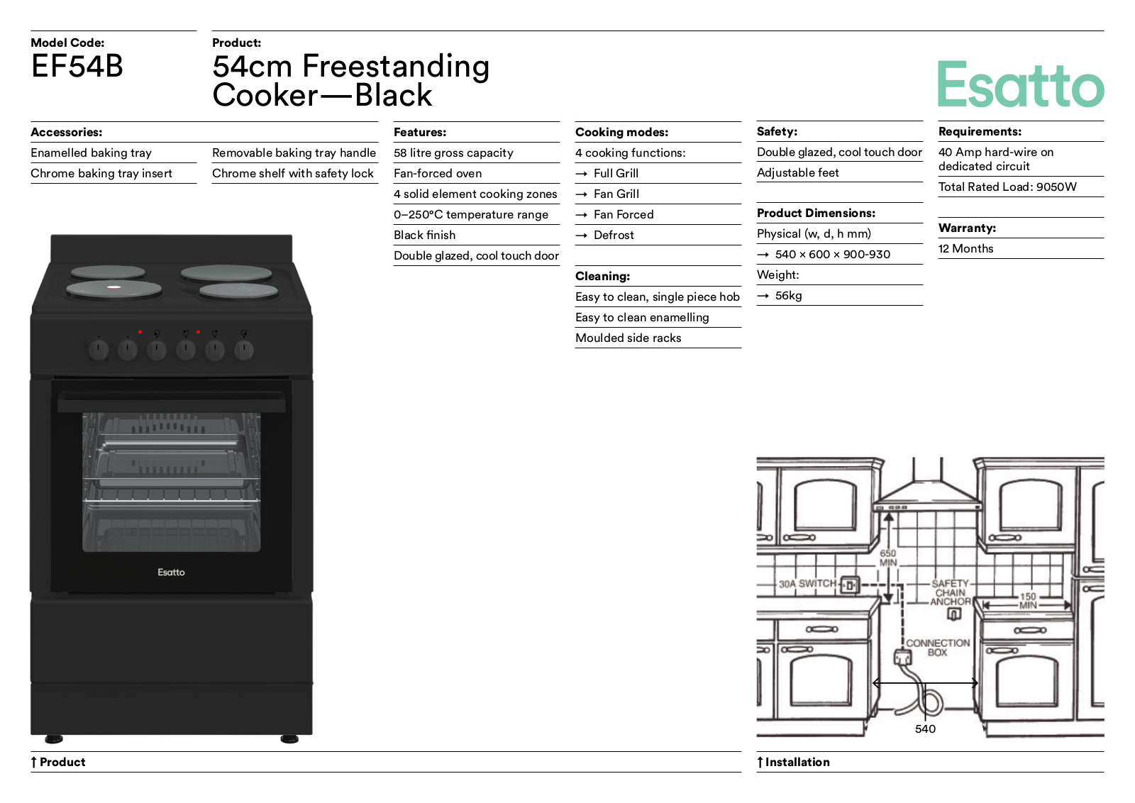 Esatto EF54B Specifications Sheet